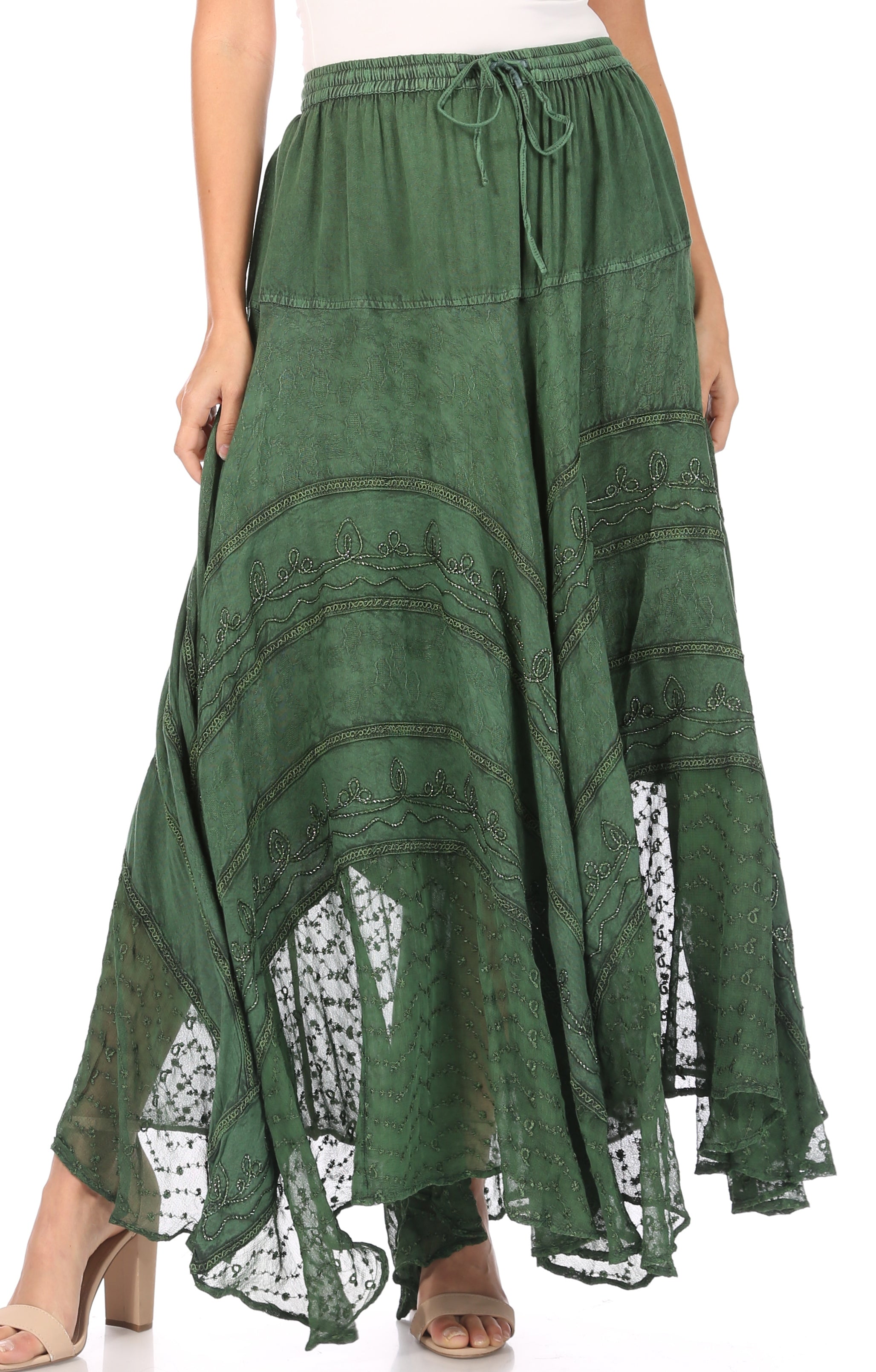 Green long skirt with lace details on a white background