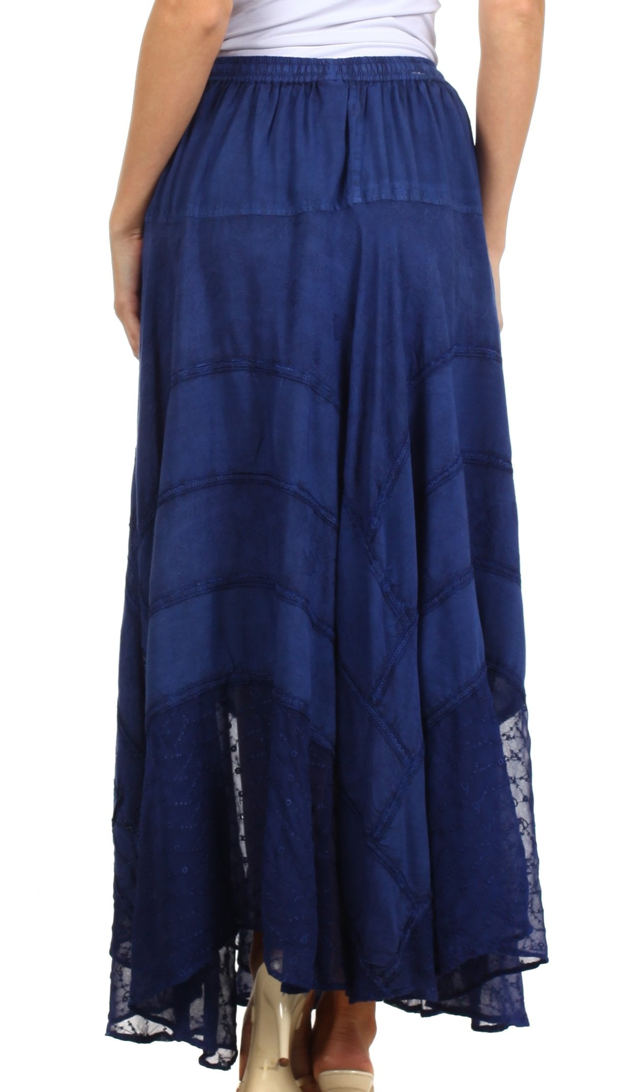 Navy blue skirt with lace trim on a white background