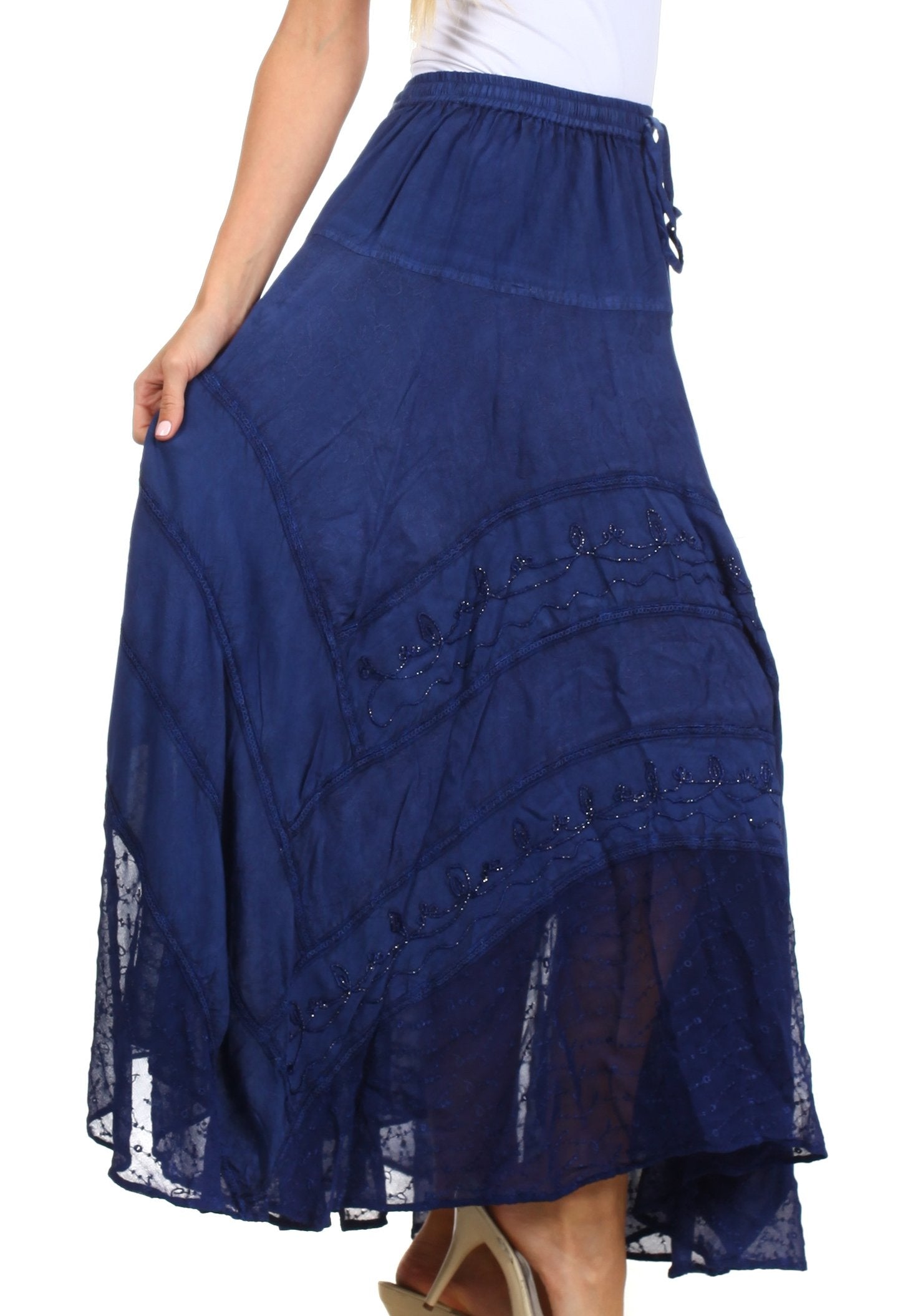 Navy blue skirt with lace details on a white background
