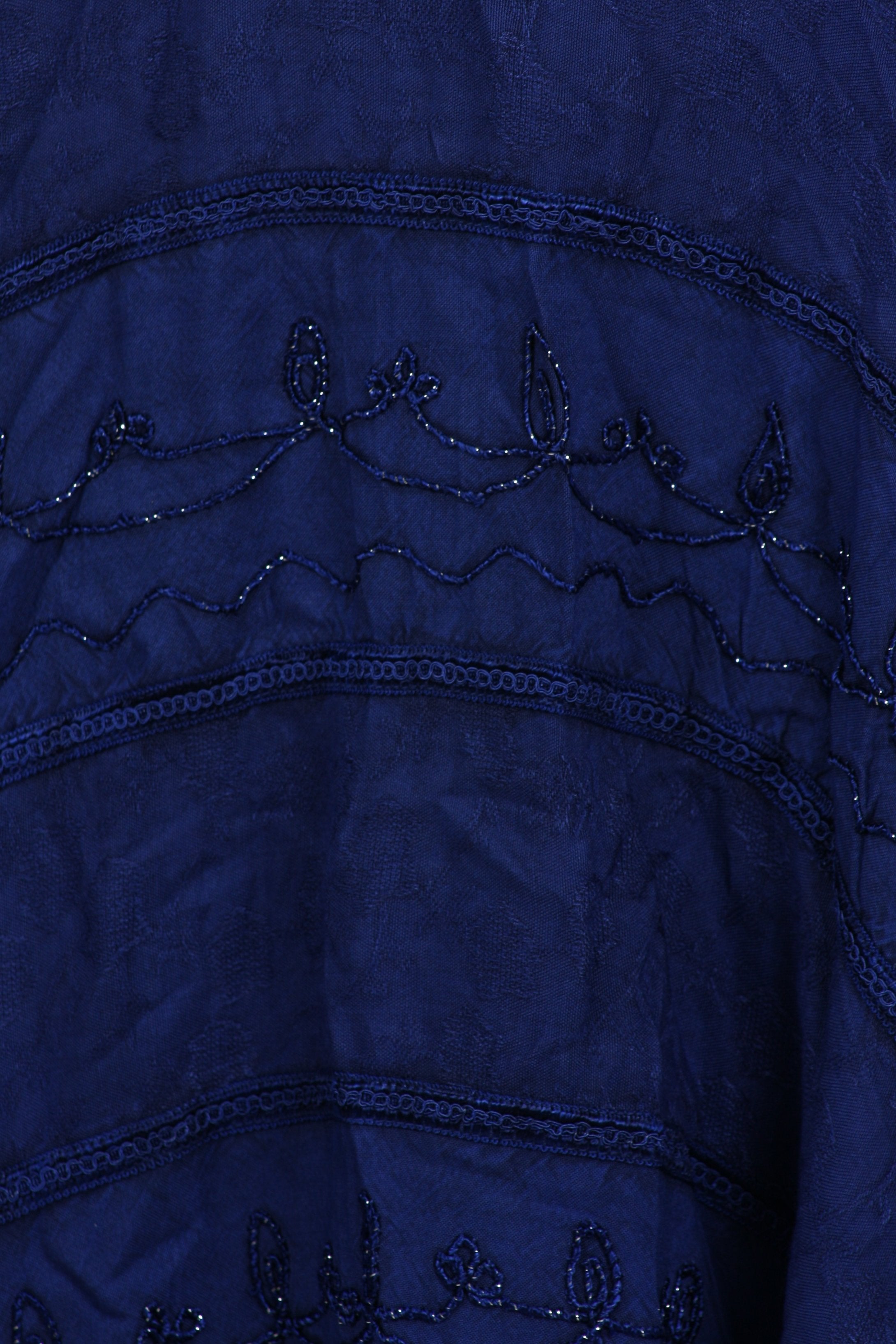 Close-up of a blue fabric with intricate stitching pattern