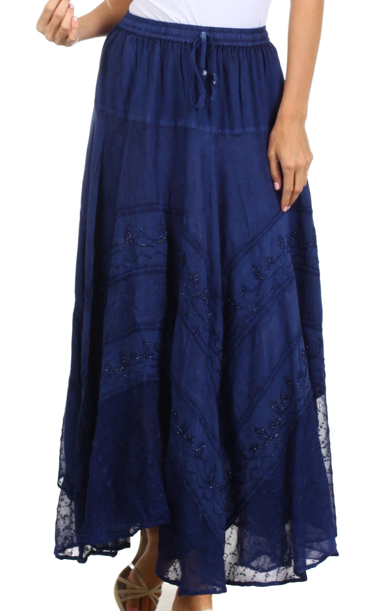 Navy blue skirt with lace details on a white background