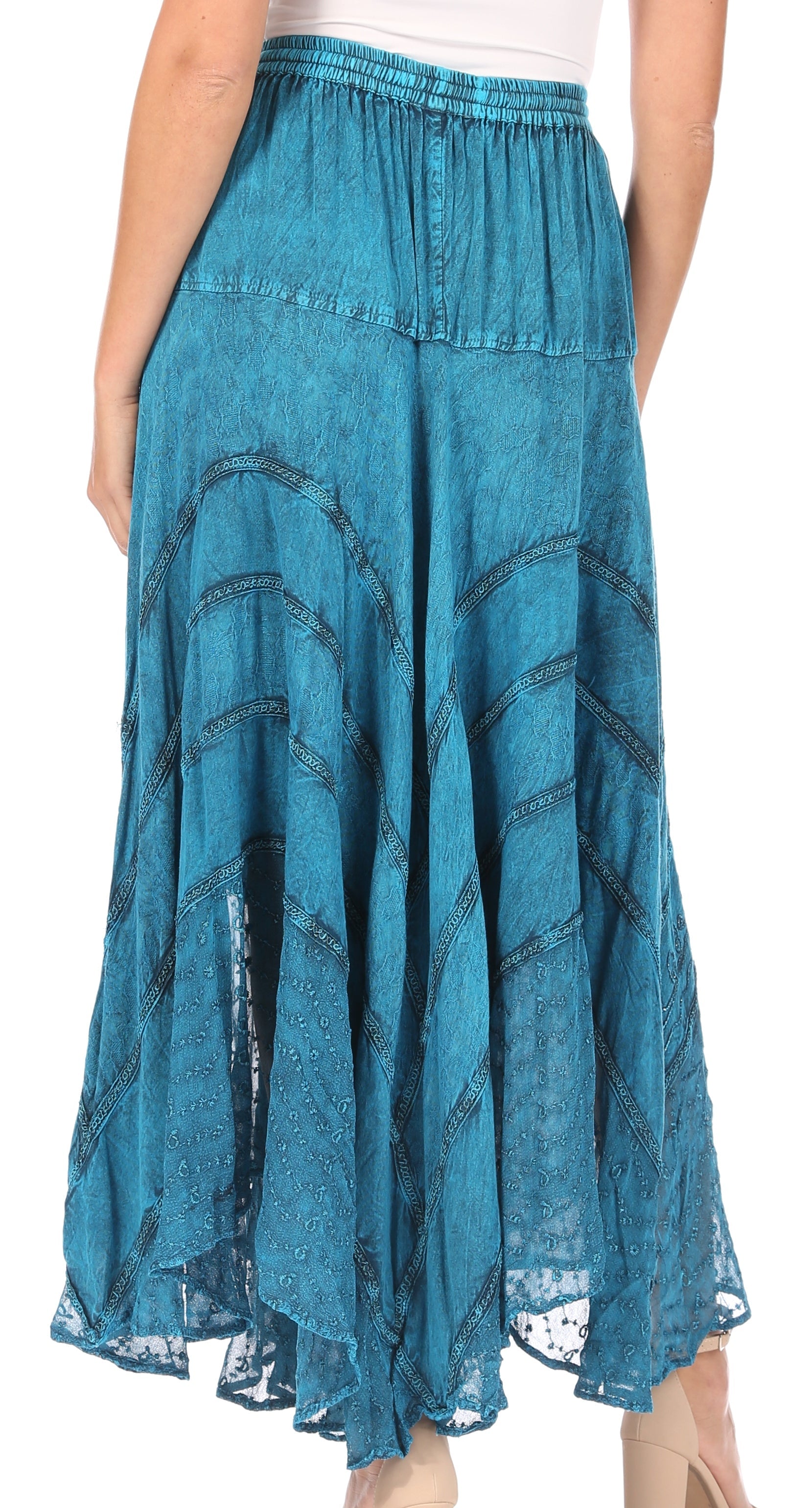 Blue denim skirt with a white background