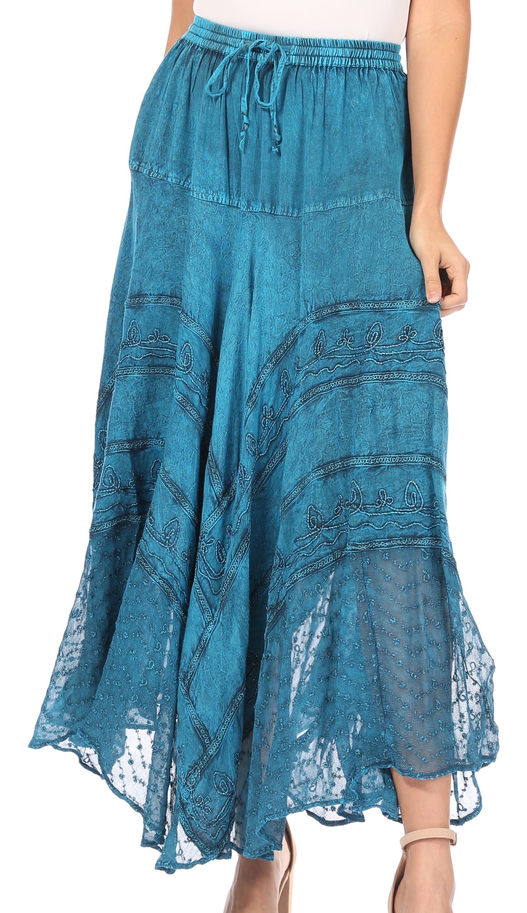 Blue denim skirt with drawstring waist on a white background