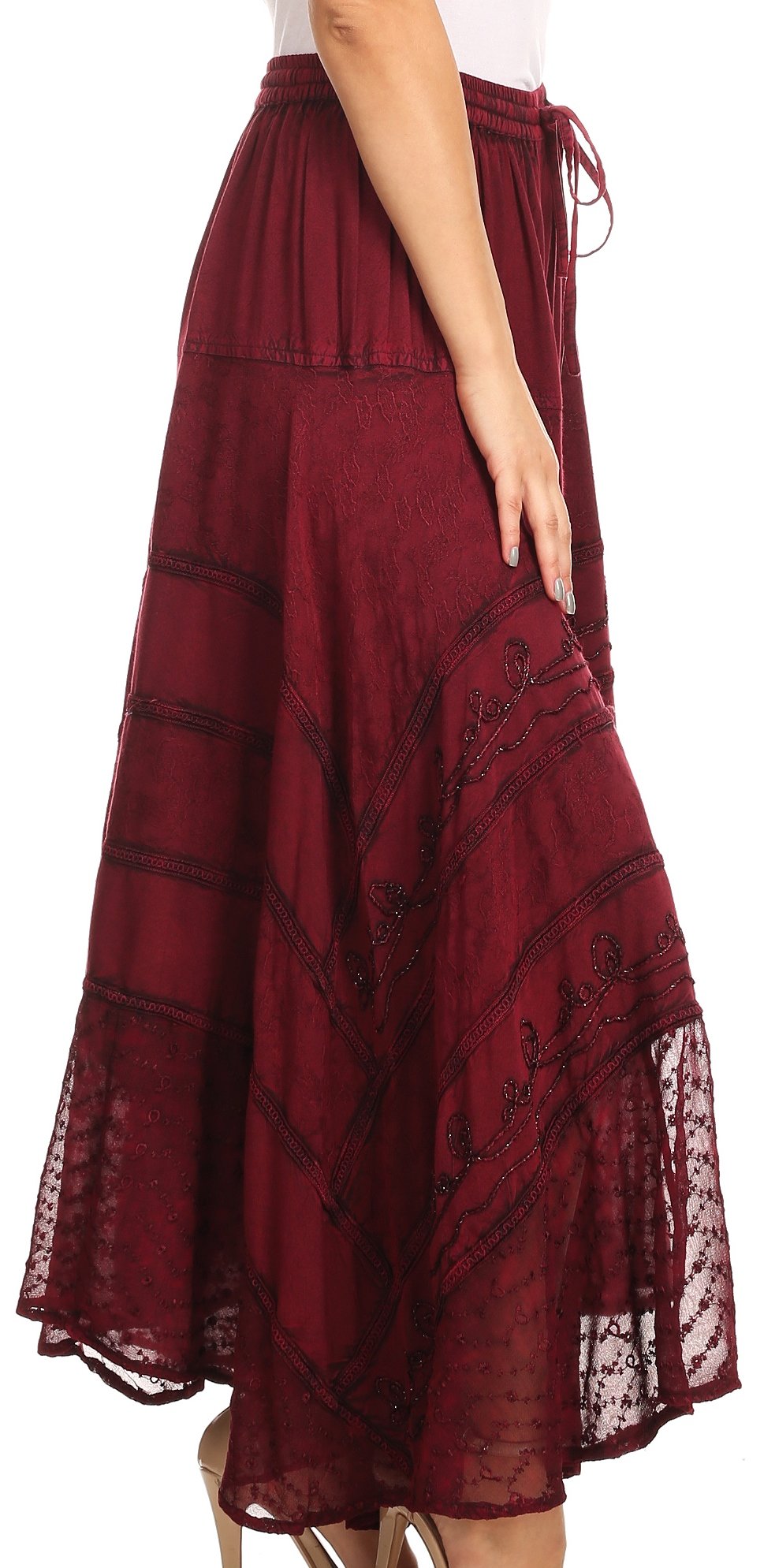 Maroon skirt with lace details on a white background