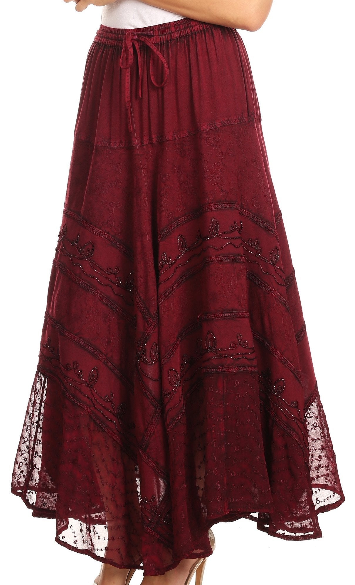 Maroon skirt with lace details on a white background