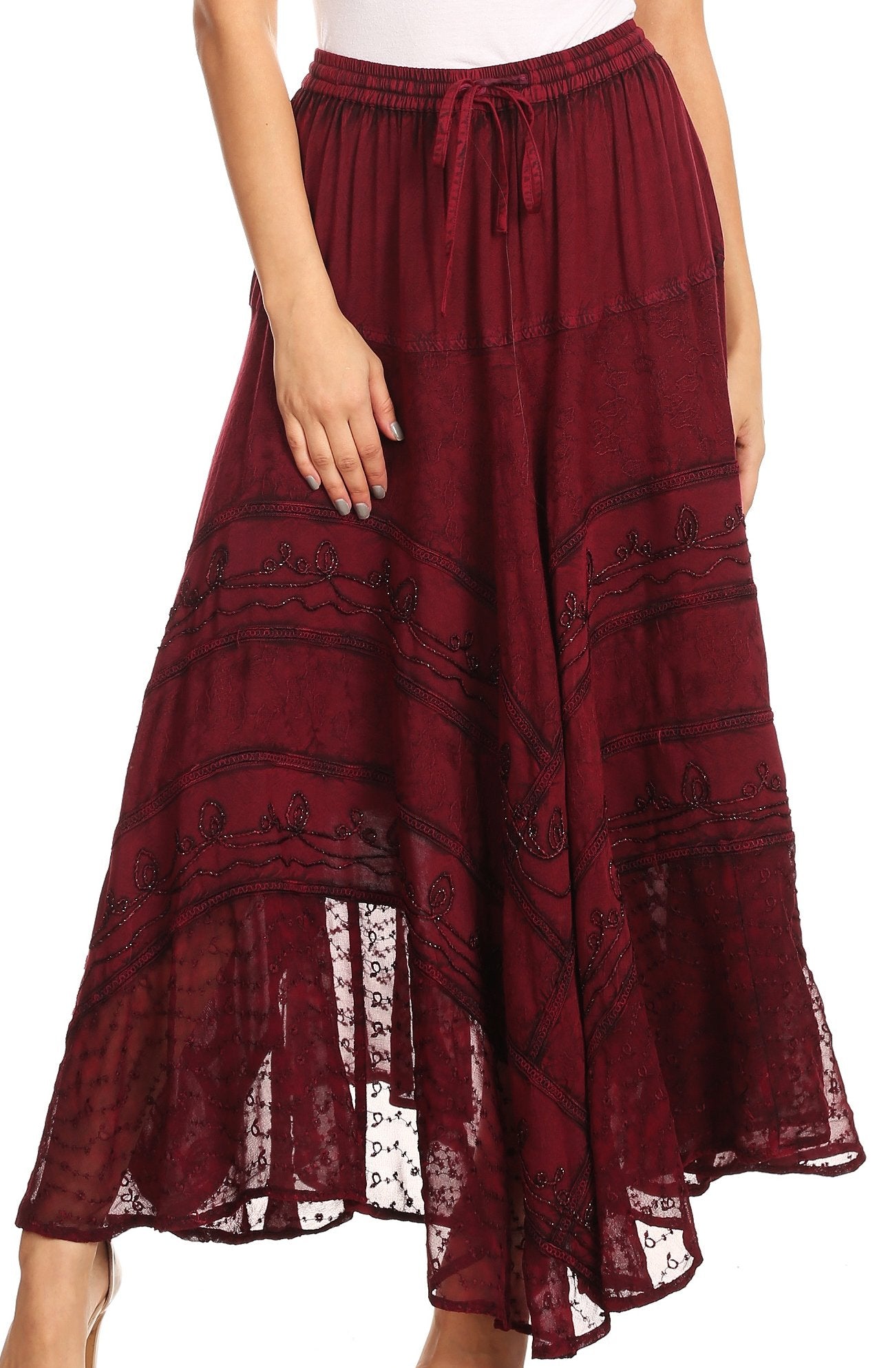 Maroon skirt with lace details on a white background