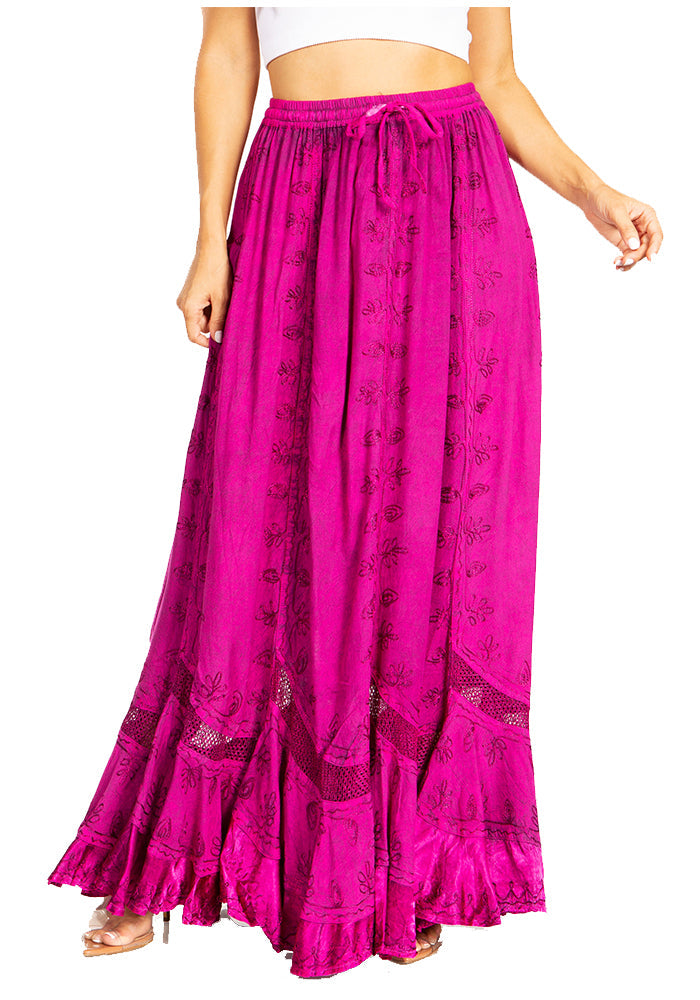 Pink long skirt with lace details on a white background