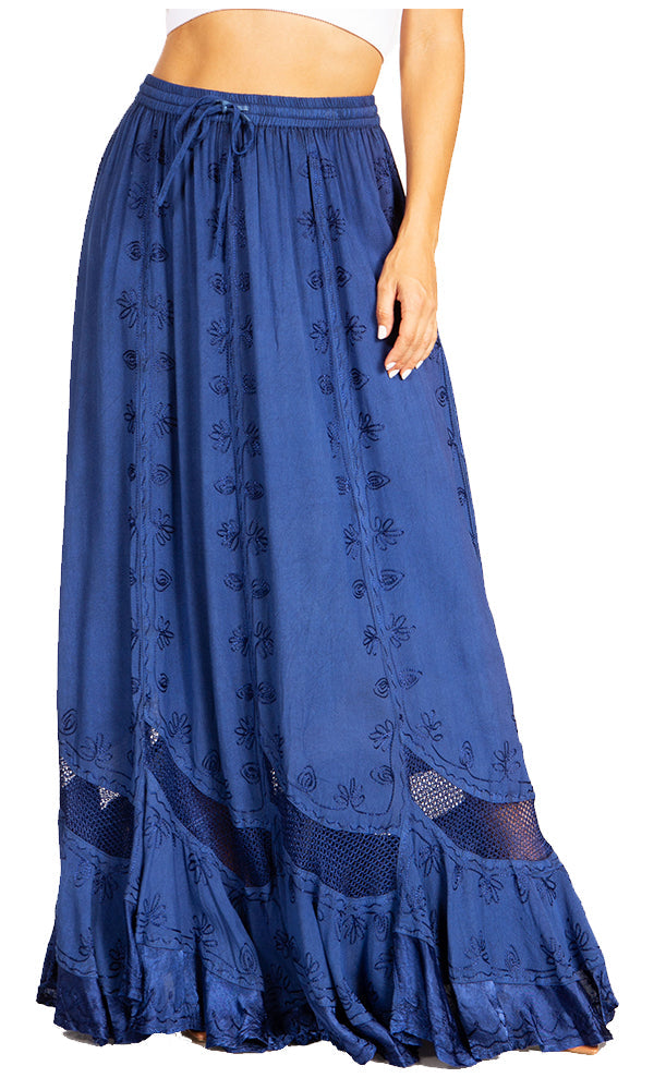 Long blue skirt with floral patterns on a white background