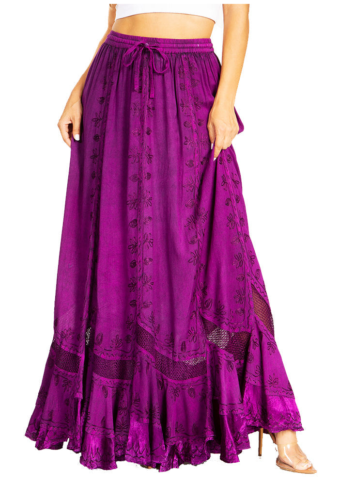 Purple maxi skirt with lace details on a white background