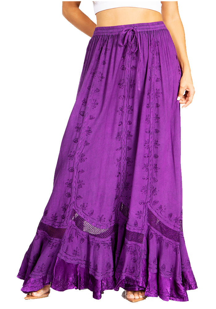Purple floral skirt with ruffled hem on a white background