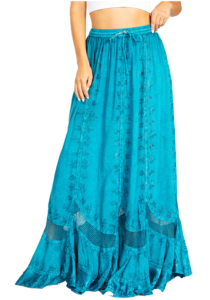 Teal lace maxi skirt worn by a person on a white background