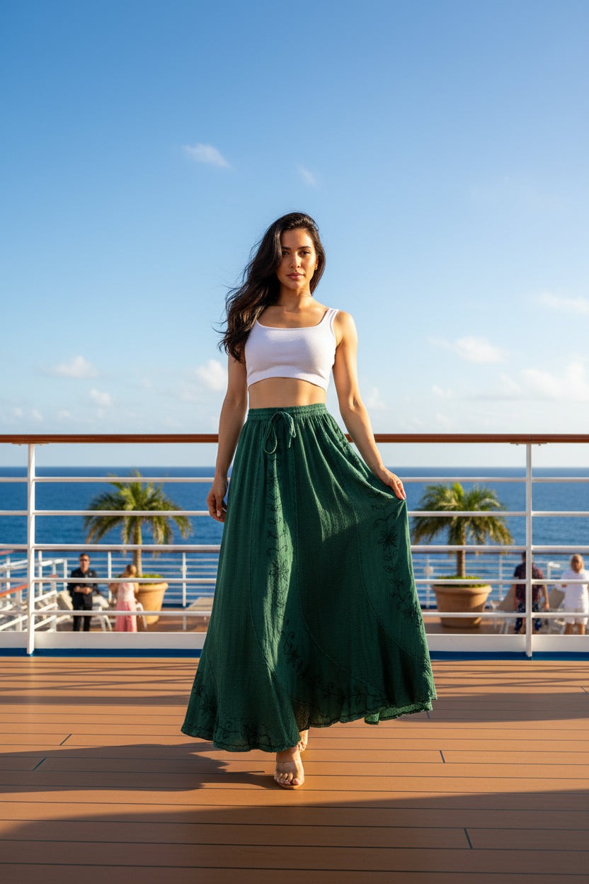 Woman wearing a green skirt with a white top on a white background