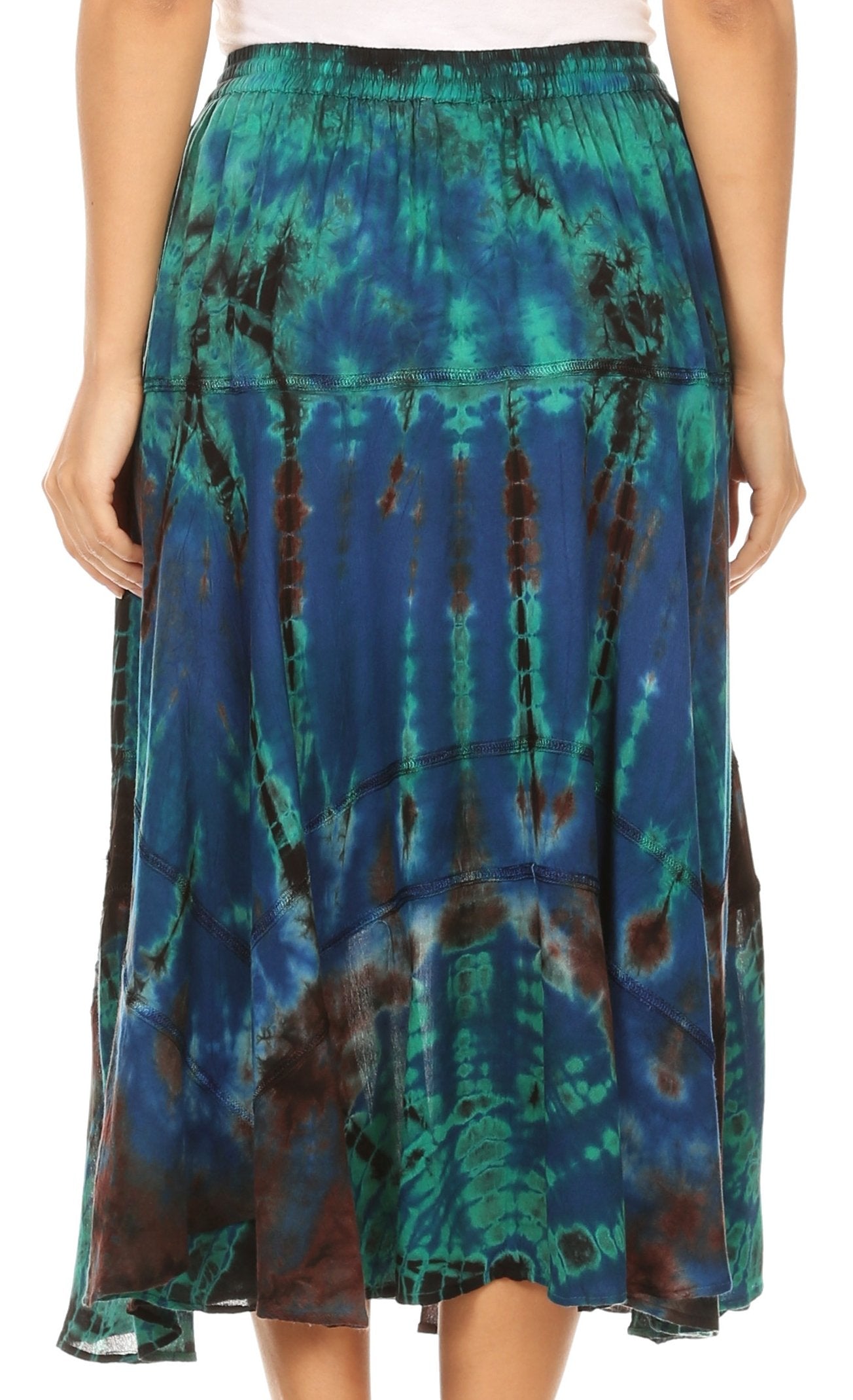 Tie-dye skirt with blue and green patterns on a person