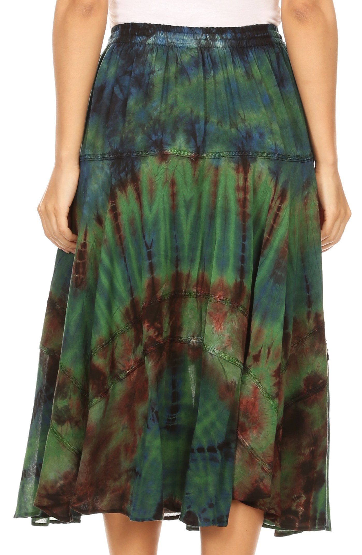 Tie-dye skirt with green, blue, and brown patterns on a white background