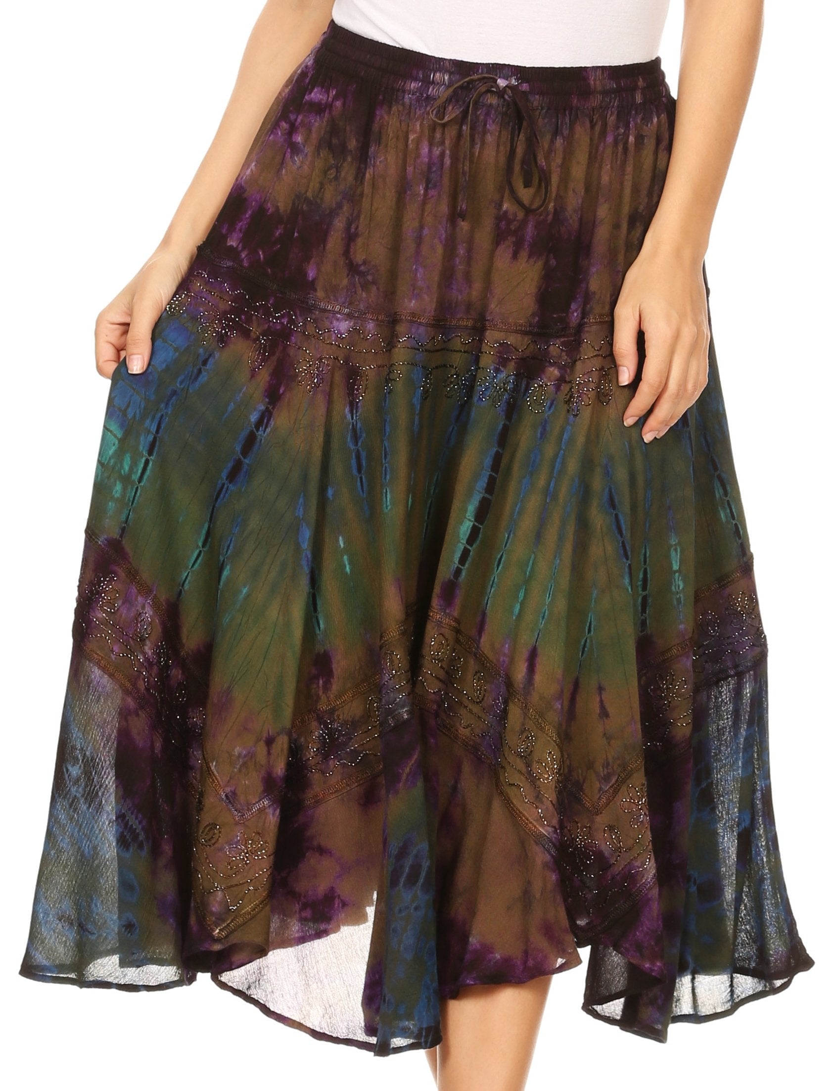 Tie-dye skirt with a colorful pattern on a white background
