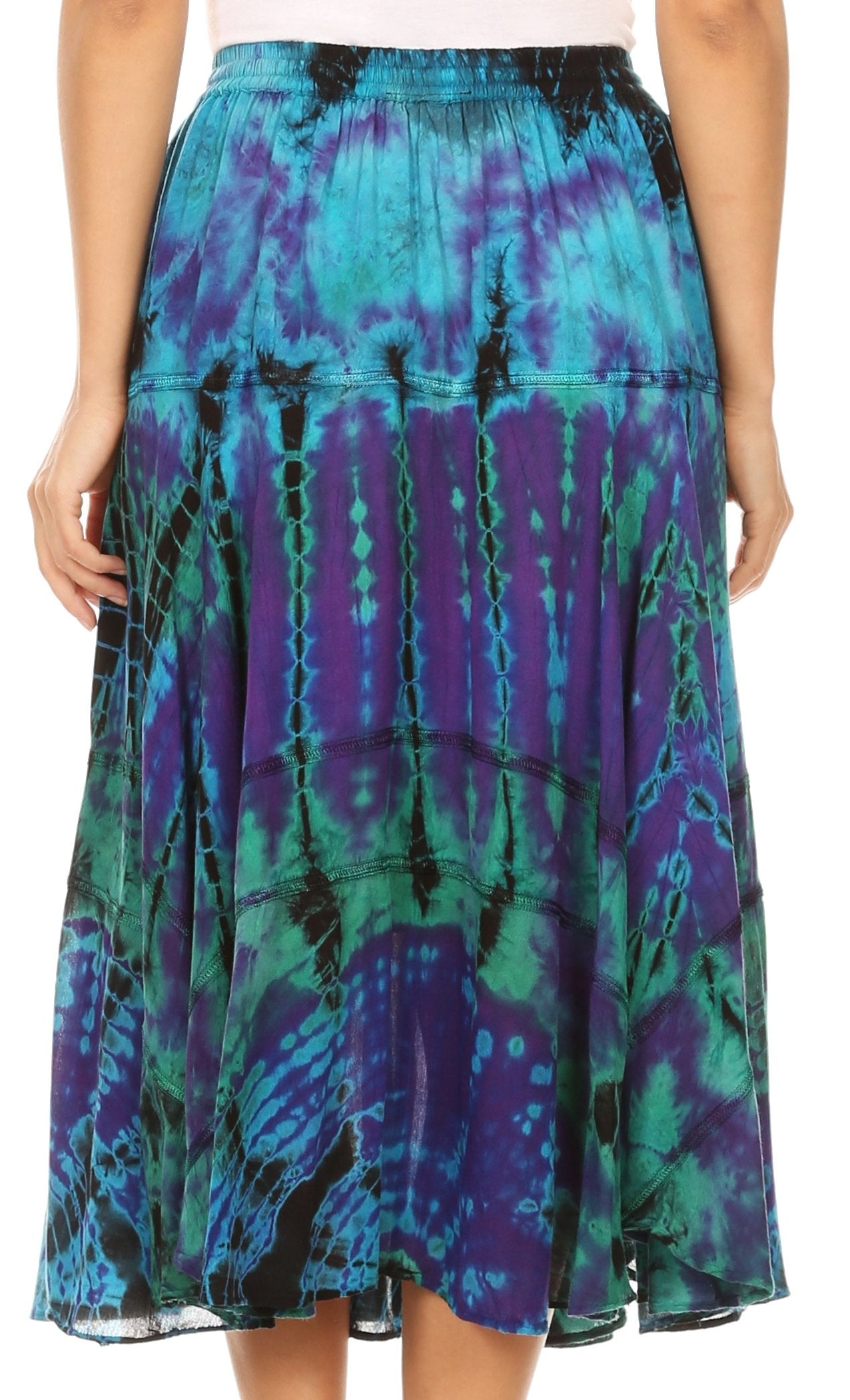 Tie-dye skirt with blue and purple patterns on a person