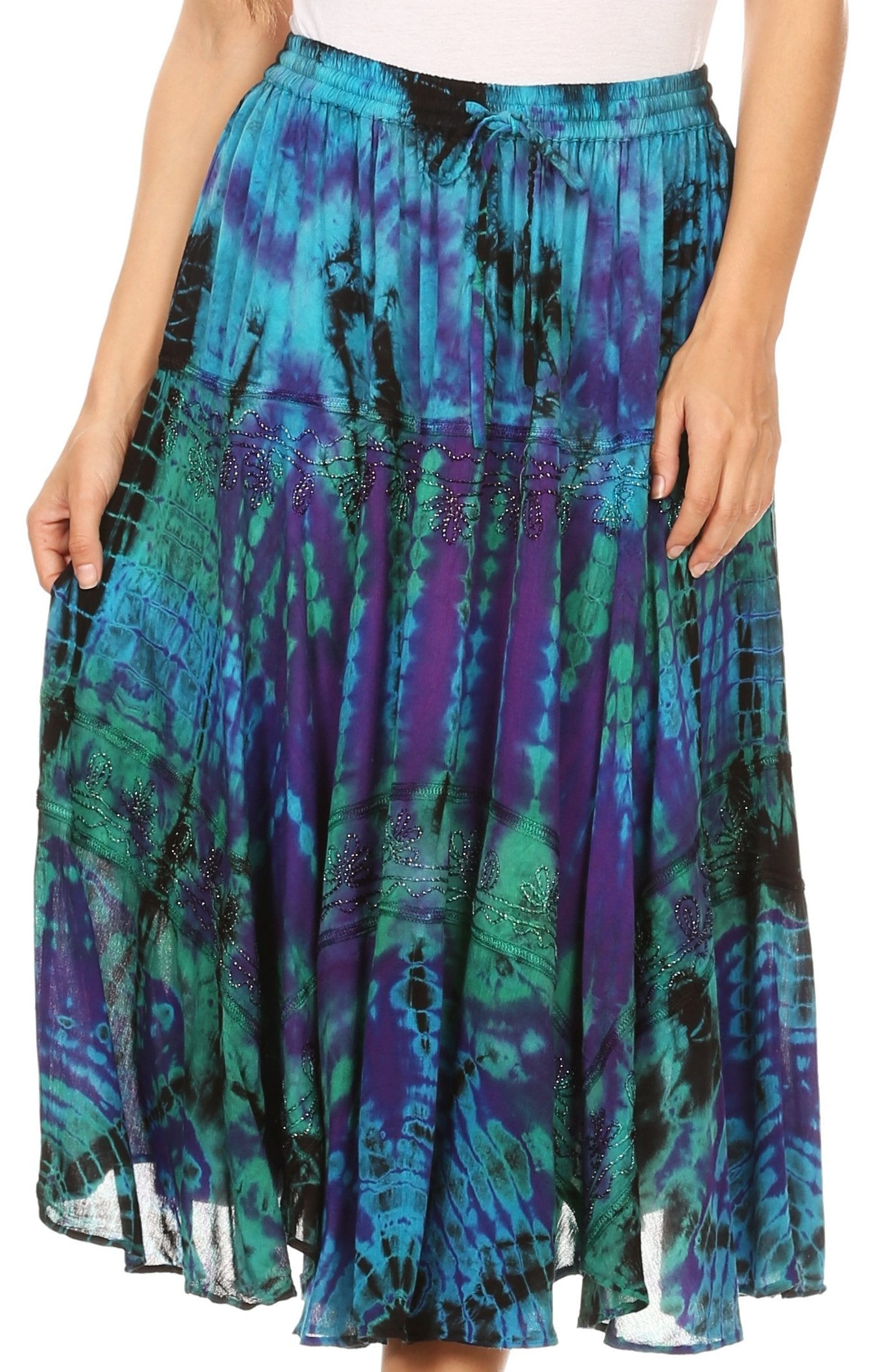 Long tie-dye skirt with blue, green, and black pattern on a white background