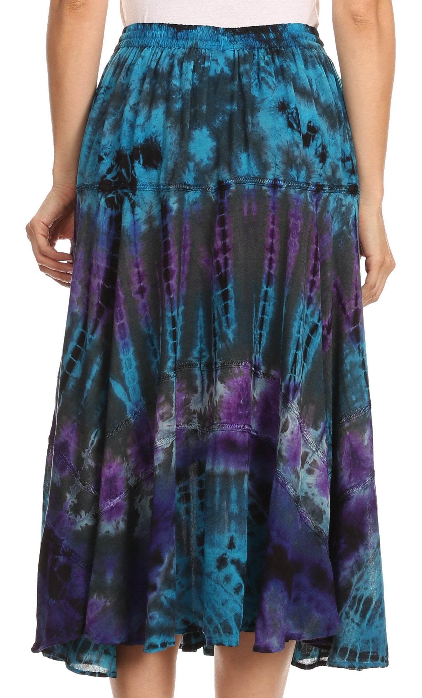 Tie-dye skirt with blue and purple patterns on a person
