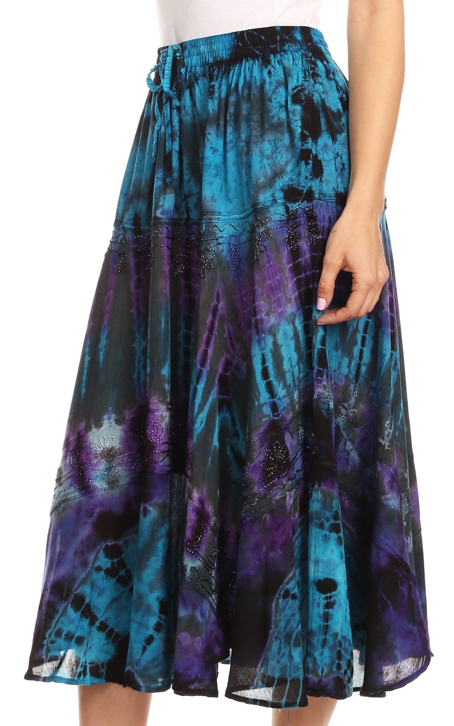 Tie-dye skirt with blue and purple patterns on a white background