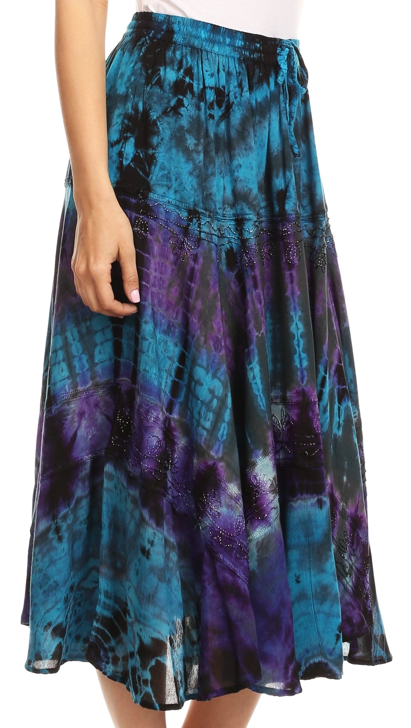 Tie-dye skirt with blue and purple pattern on a white background