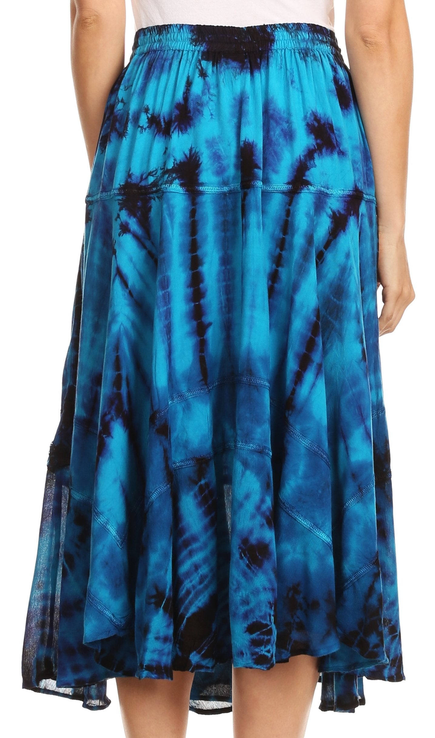 Blue and black tie-dye skirt worn by a person