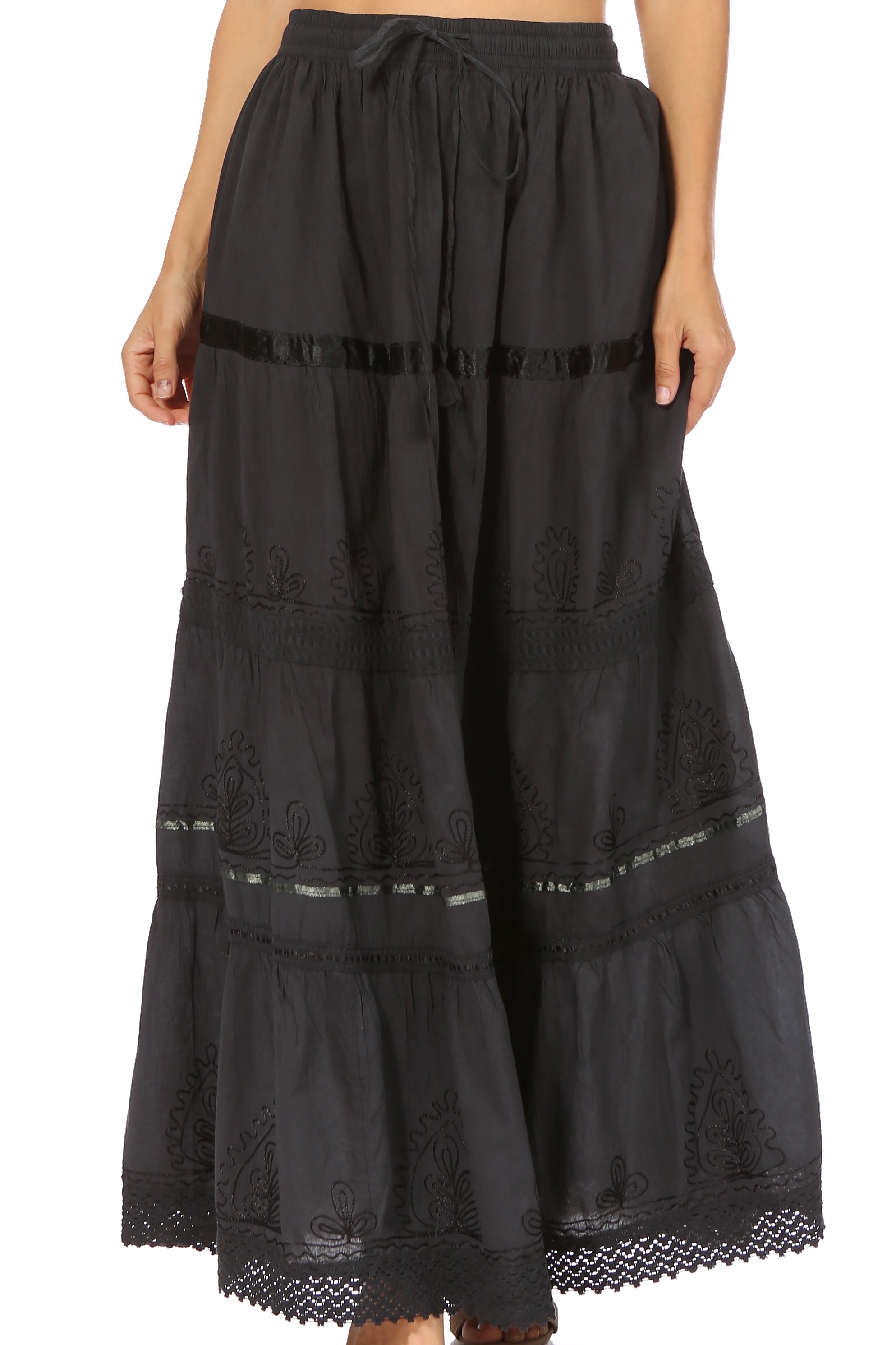 Black tiered skirt with lace details on a white background