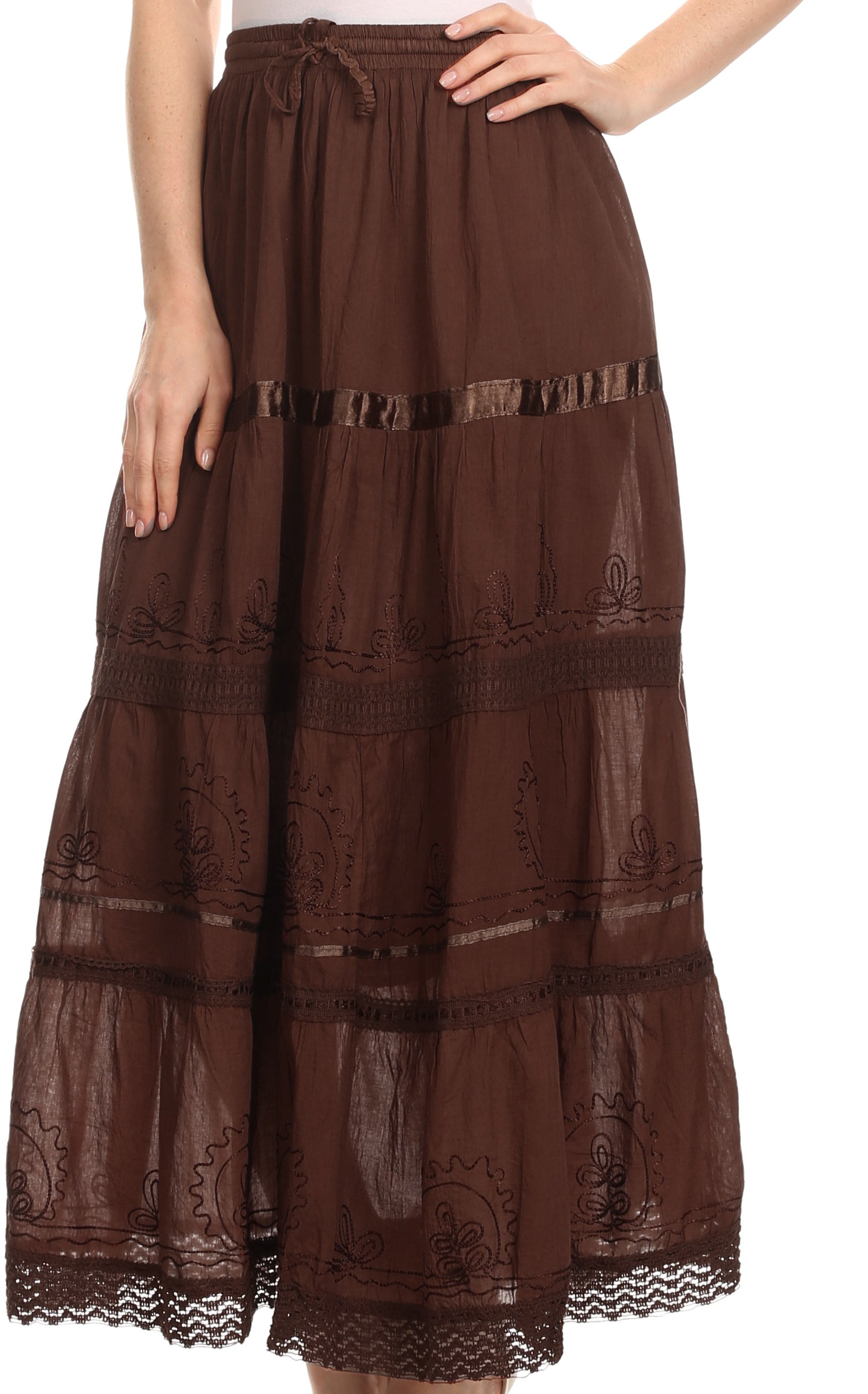 Brown lace-trimmed pants on a white background