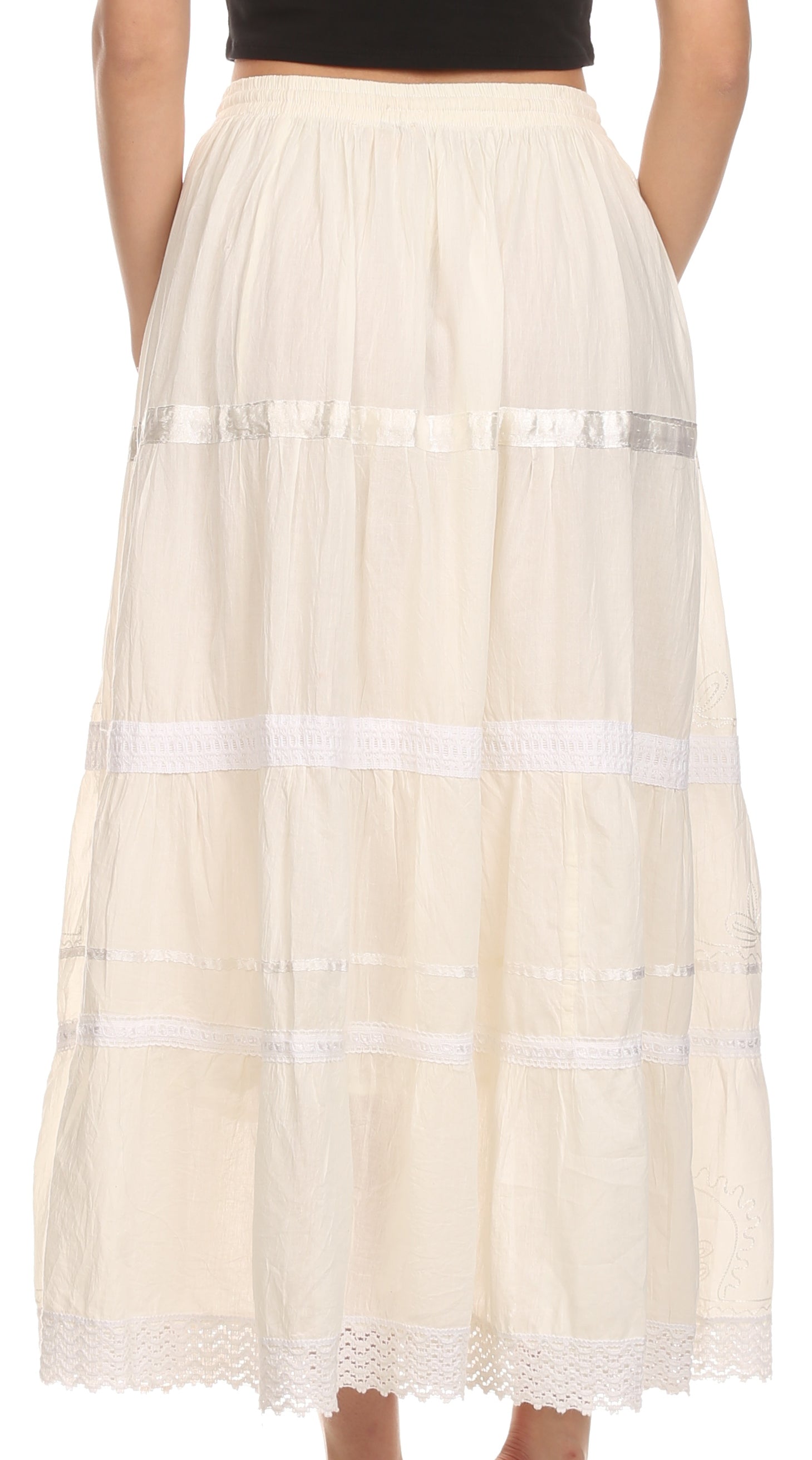 Beige skirt with white horizontal stripes on a plain background