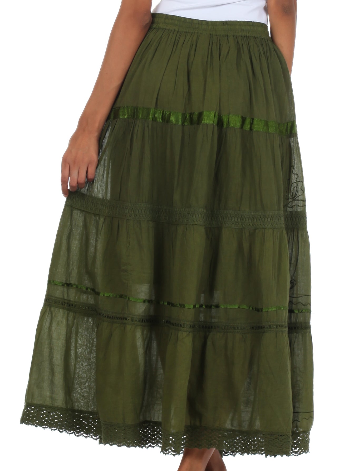 Green tiered skirt with lace details on a white background