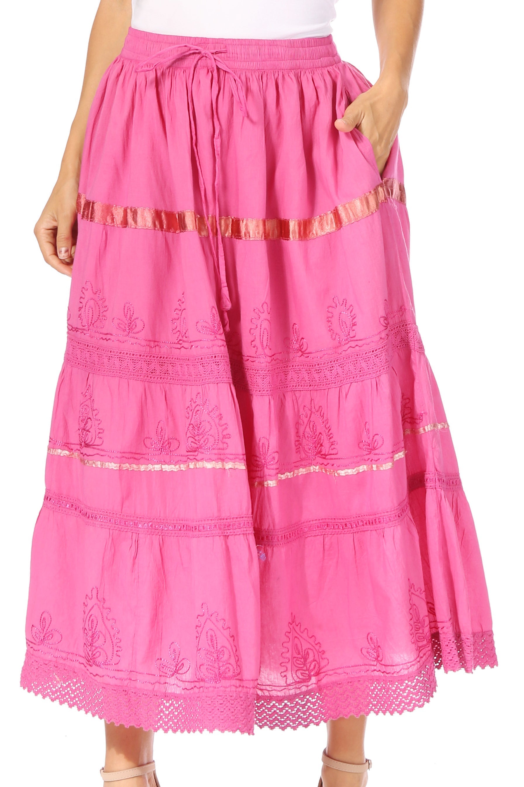 Pink skirt with gold accents on a white background