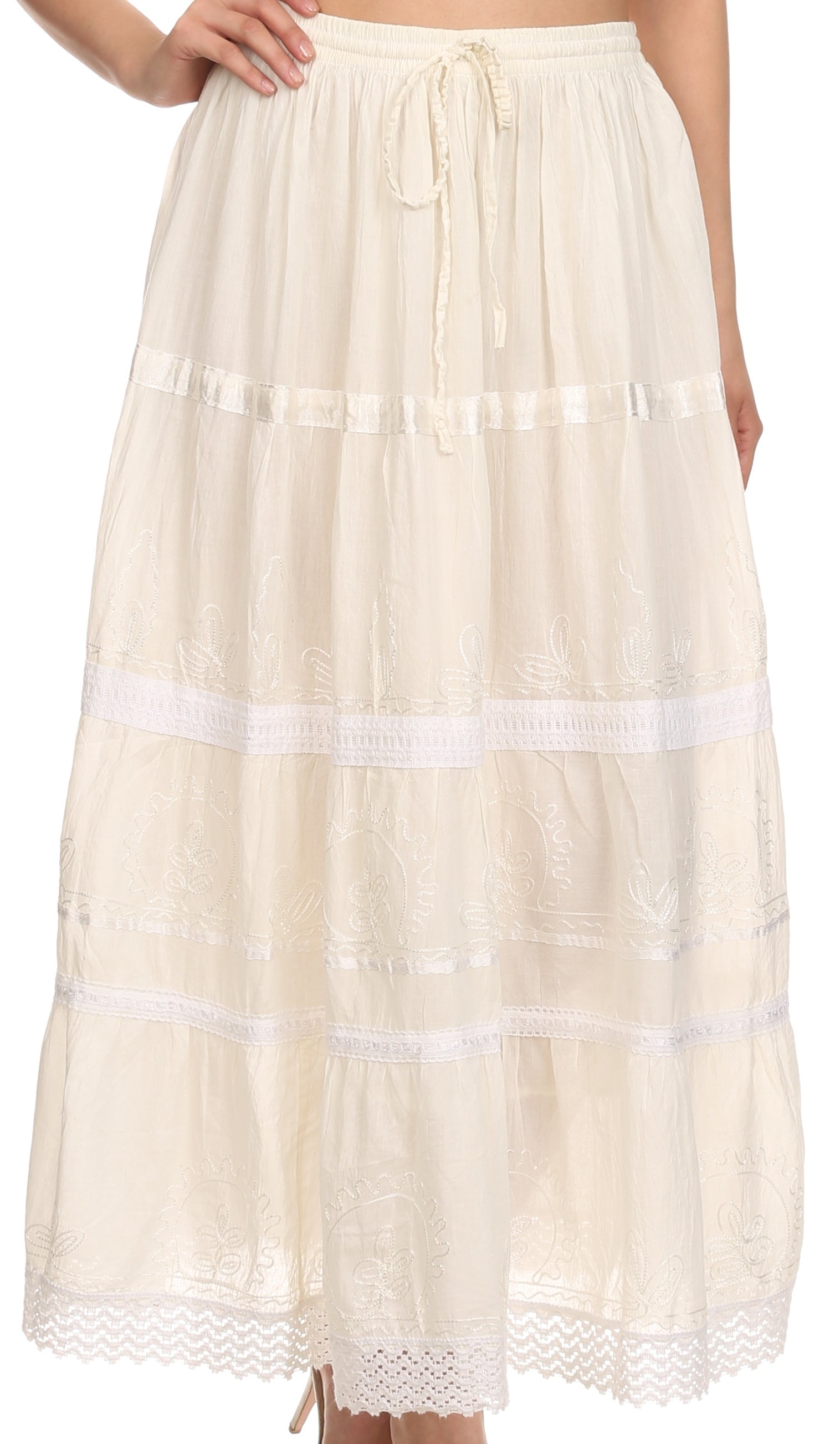 White lace-trimmed skirt worn by a person on a white background