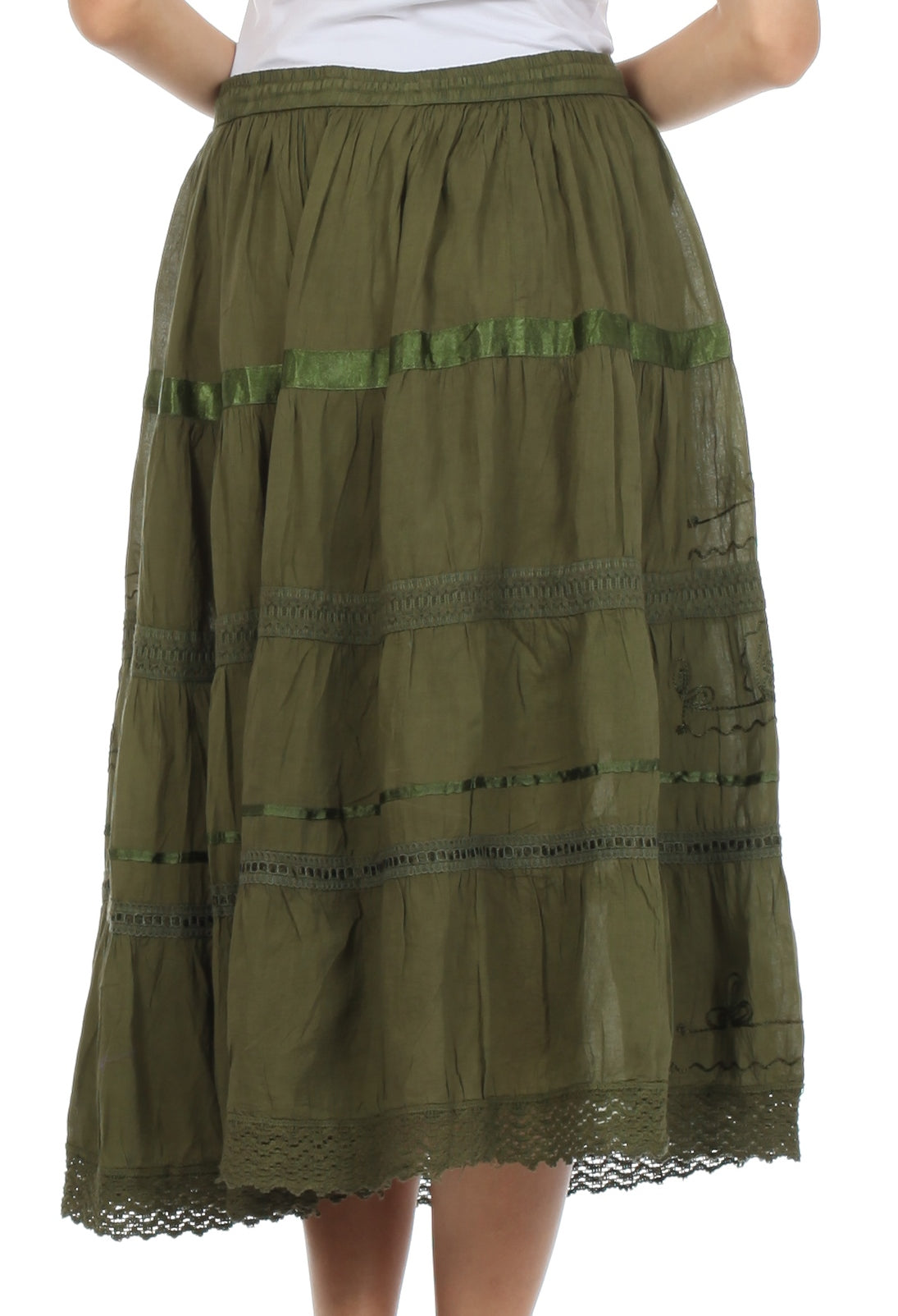 Green tiered skirt with lace hem on a white background
