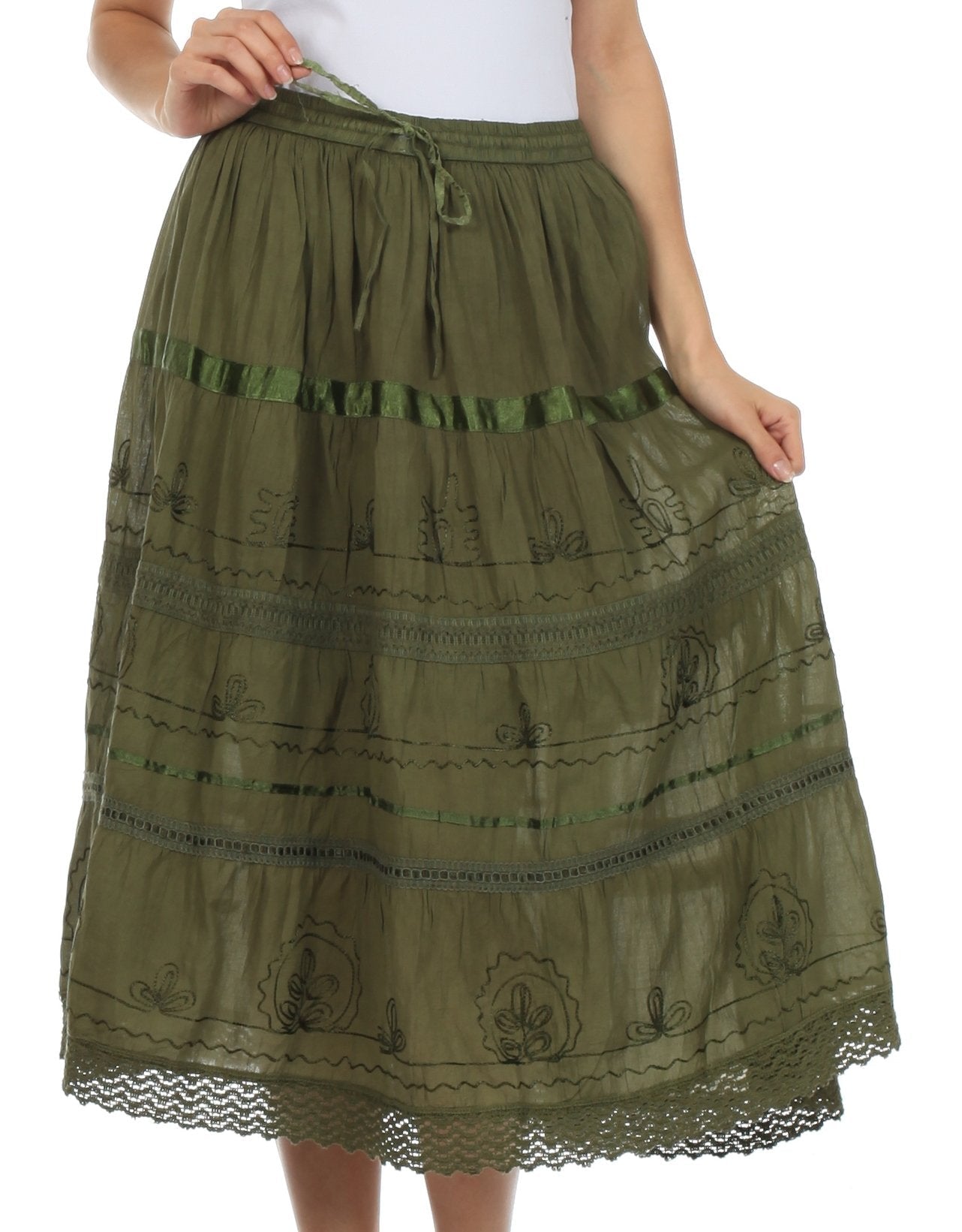 Green tiered skirt with lace hem on a white background