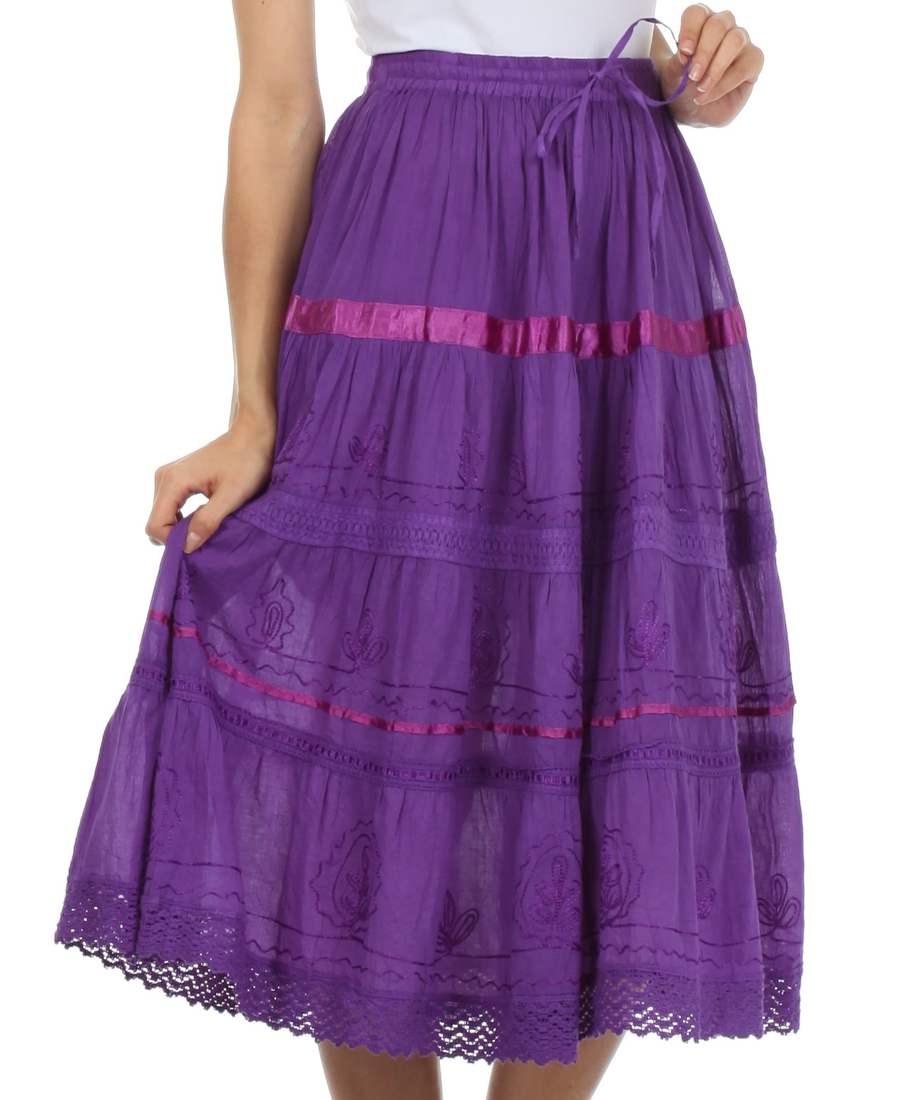 Purple embroidered skirt with pink accents on a white background