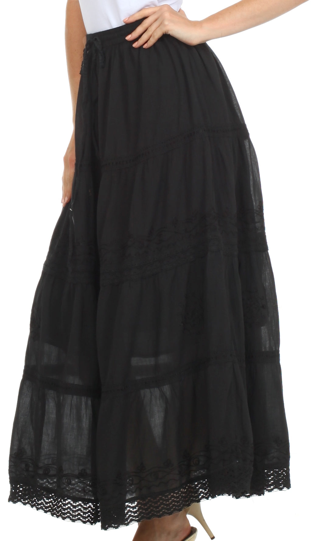 Black skirt with lace trim on a white background