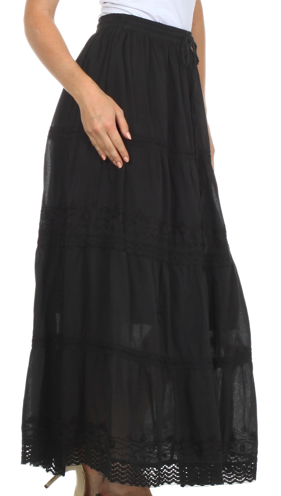 Black lace-trimmed skirt on a white background