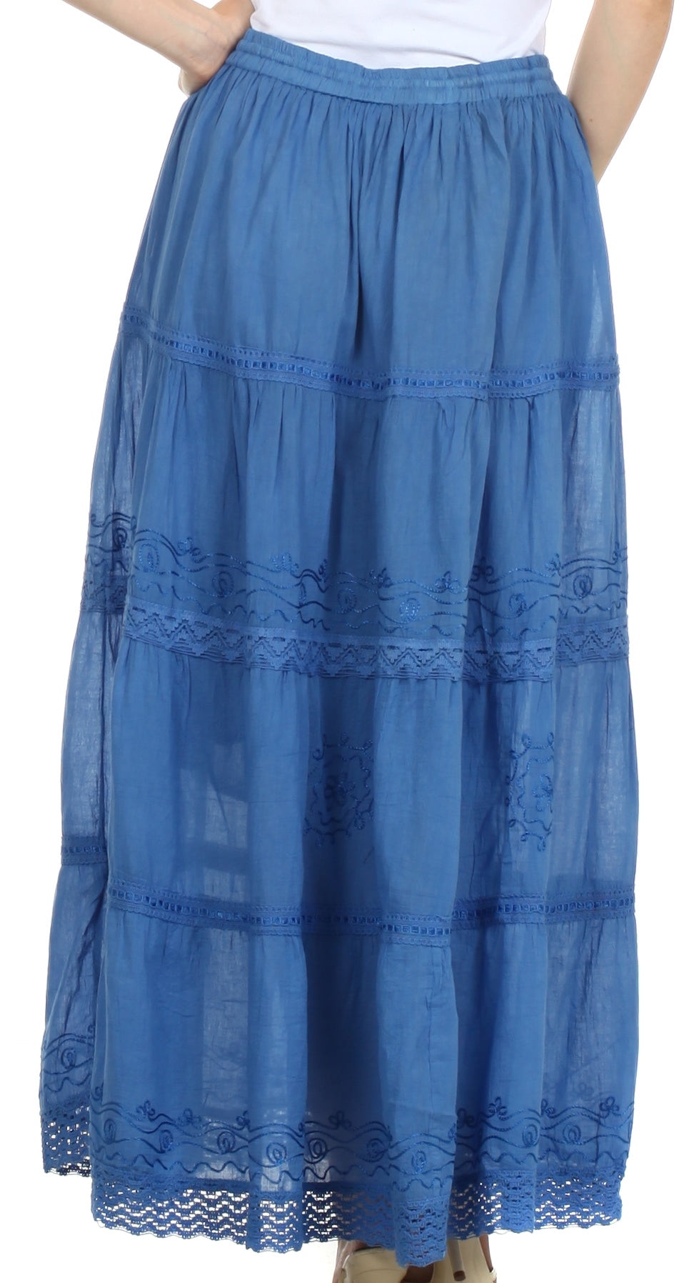 Blue tiered skirt with lace details on a white background