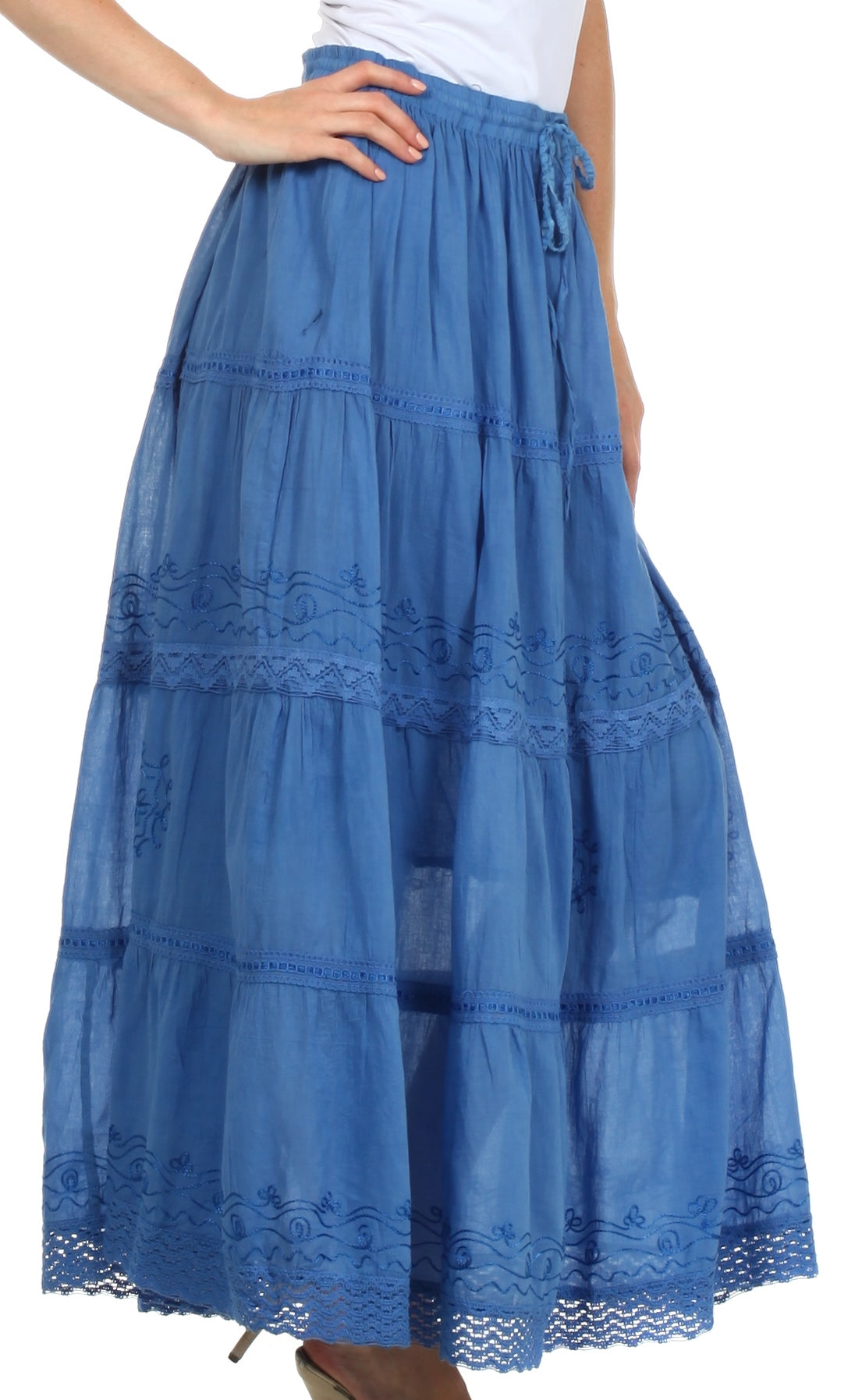 Blue tiered skirt with lace details on a white background