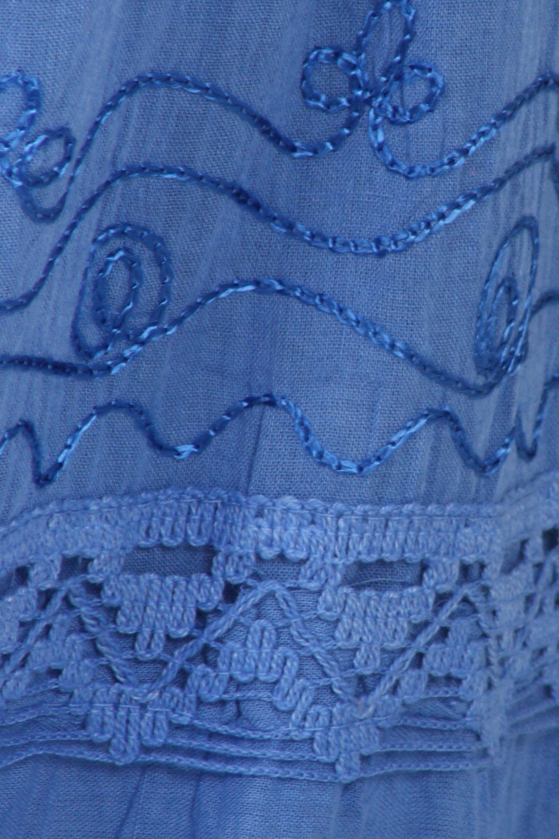 Close-up of a blue fabric with intricate lace detailing