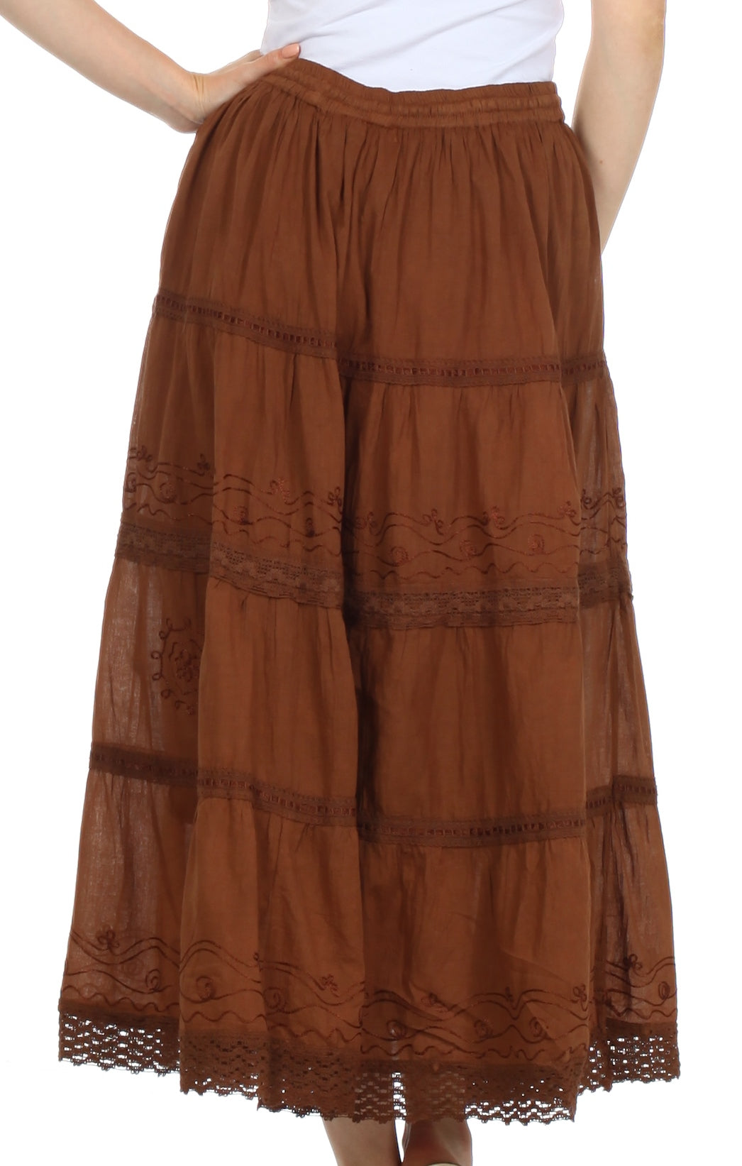 Brown tiered skirt with lace details on a white background