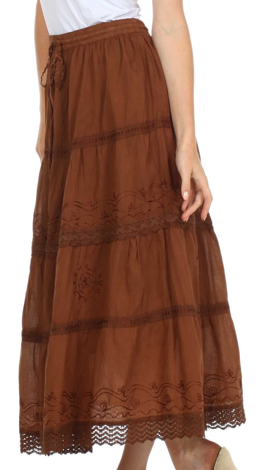 Brown tiered skirt with lace details on a white background