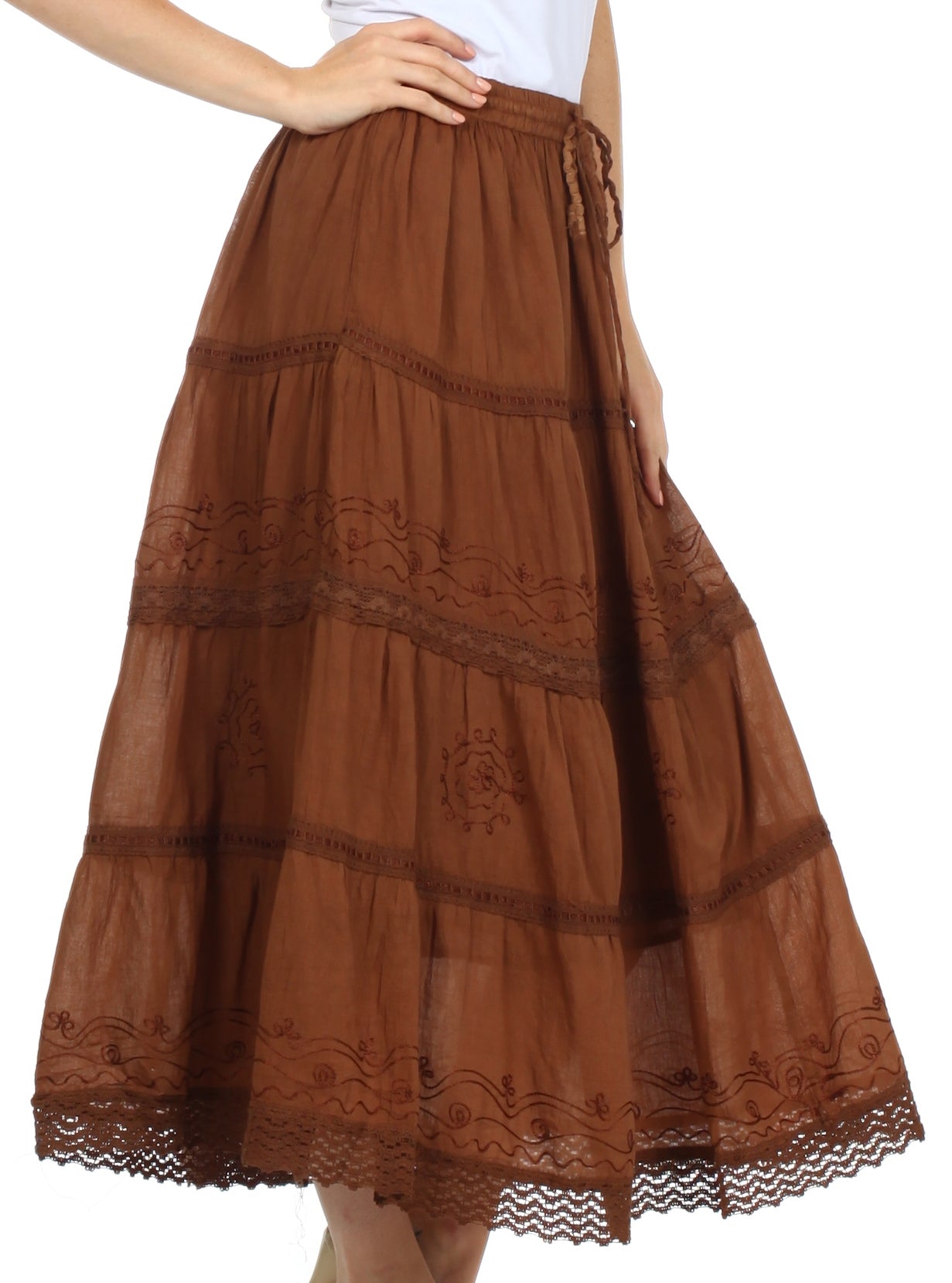 Brown tiered skirt with lace details on a white background