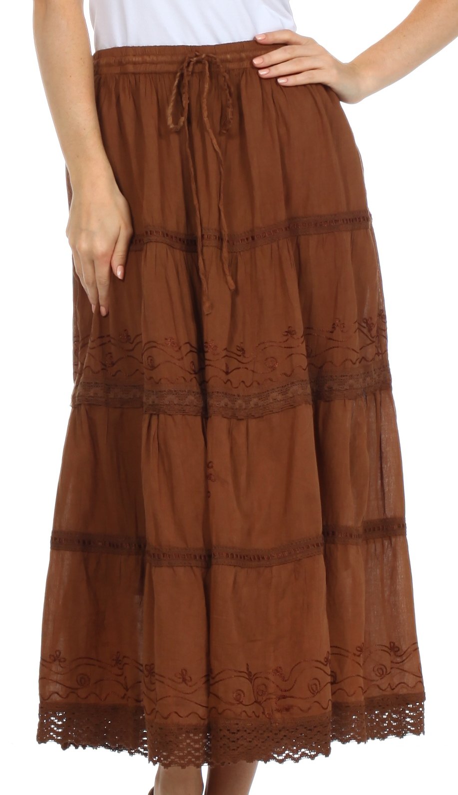 Brown tiered skirt with lace details on a white background
