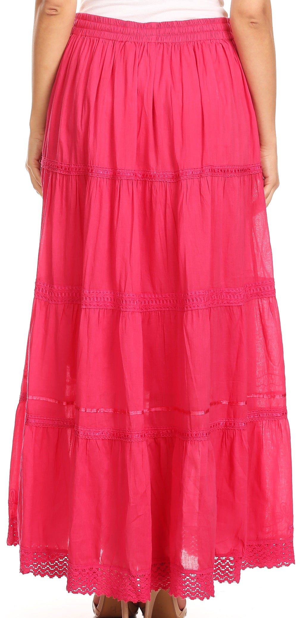 Pink tiered skirt with lace trim on a white background