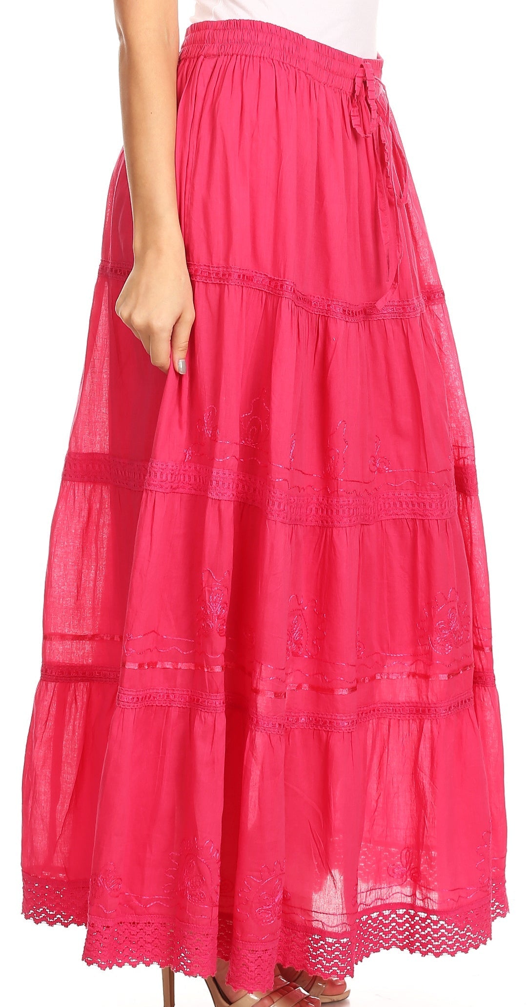 Pink lace-trimmed skirt on a white background