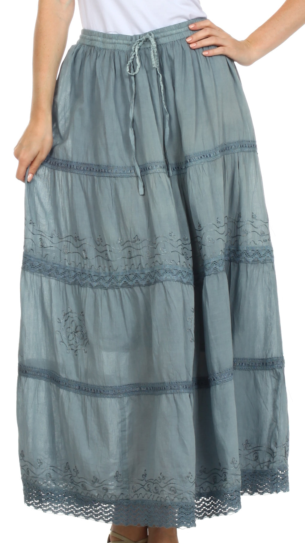 Long light blue skirt with lace details on a white background
