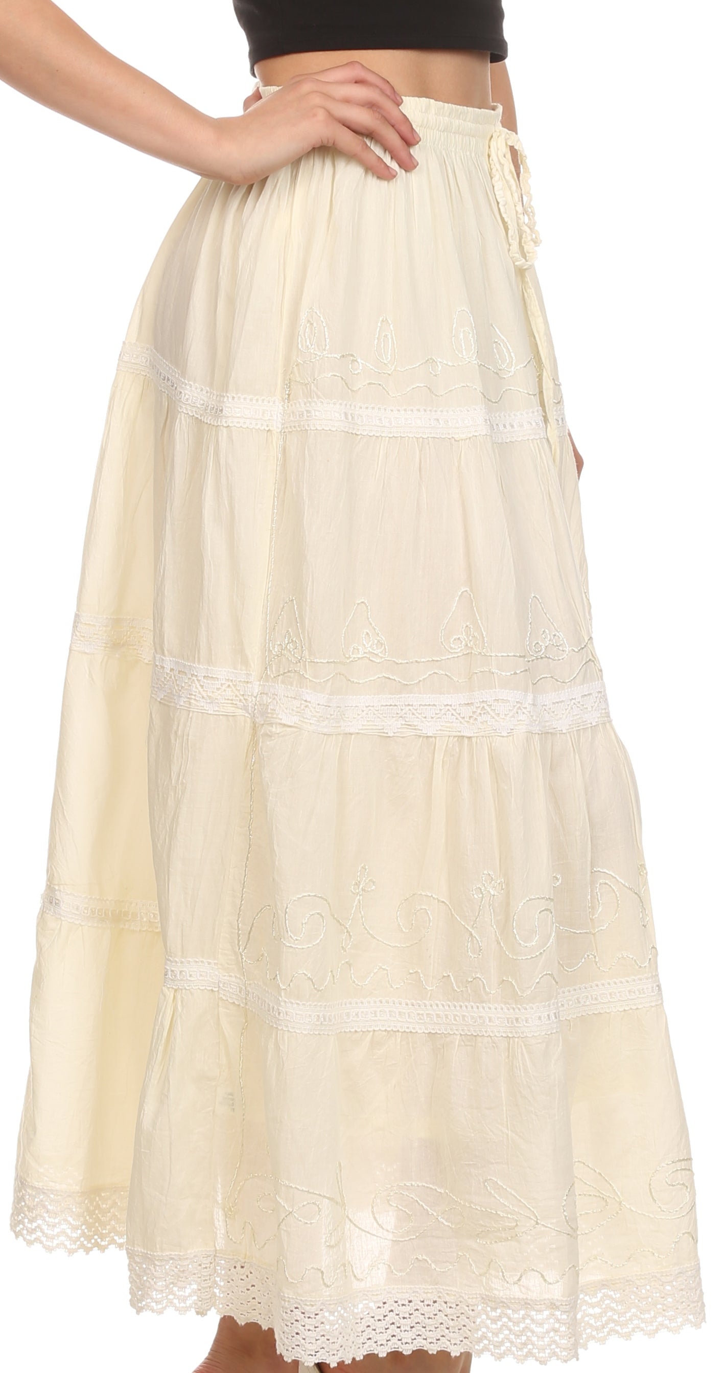 Beige lace skirt with a white background