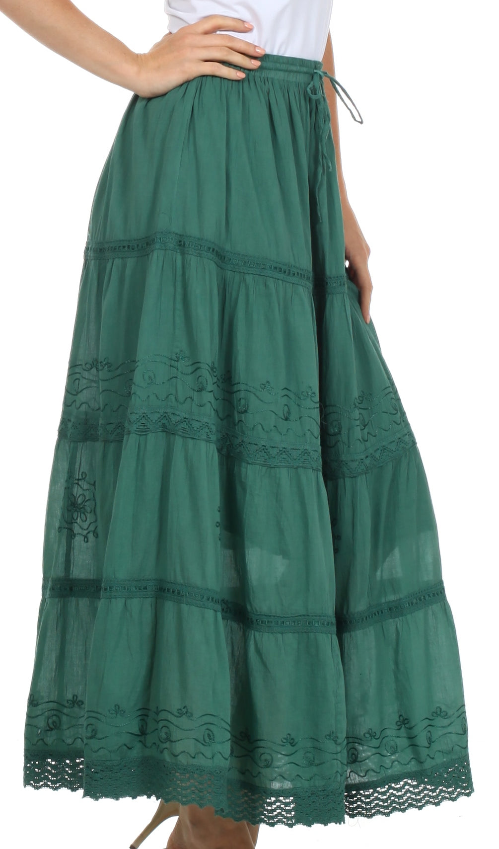 Green tiered skirt with lace details on a white background