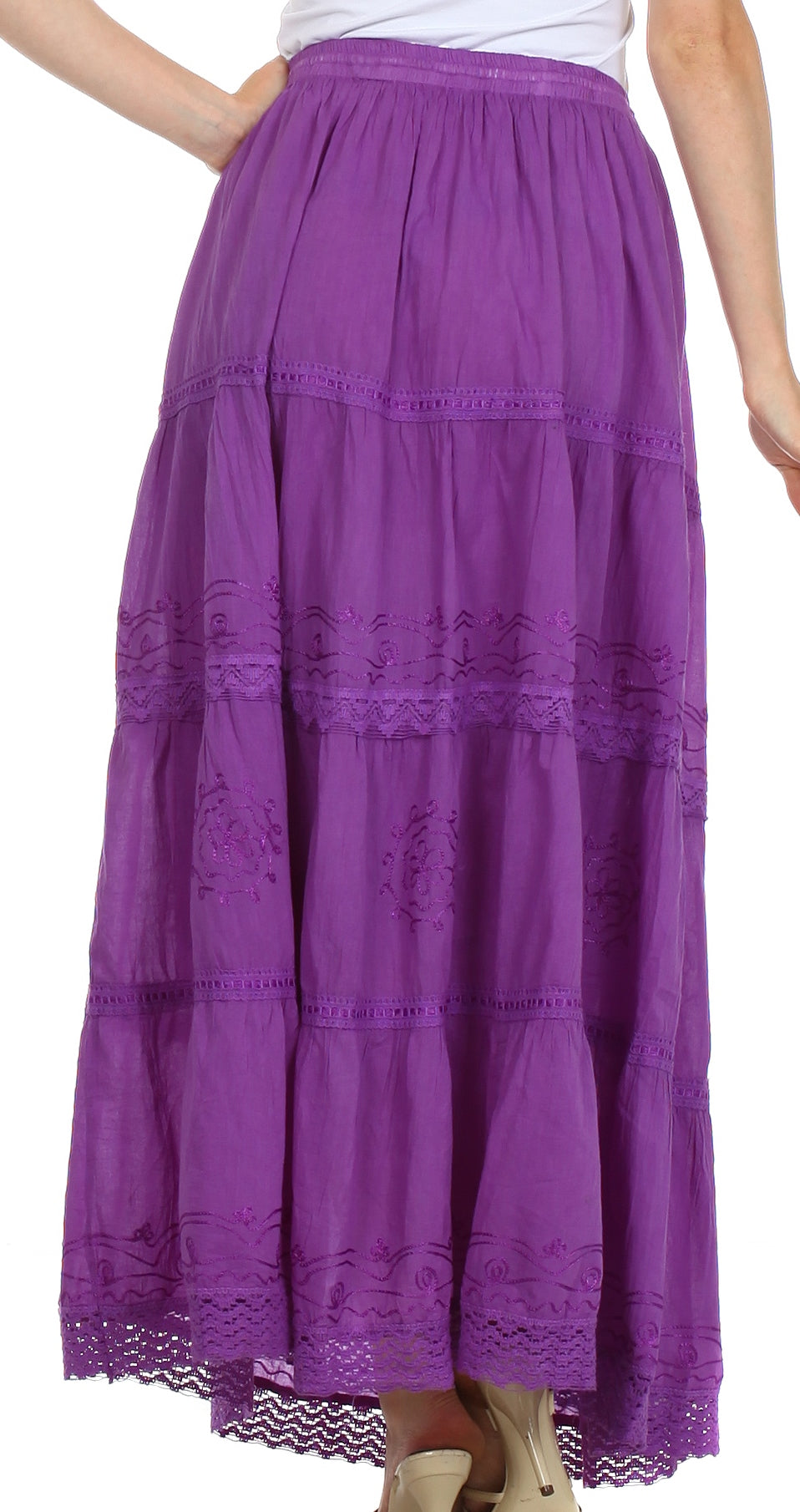 Purple long skirt with lace details on a white background