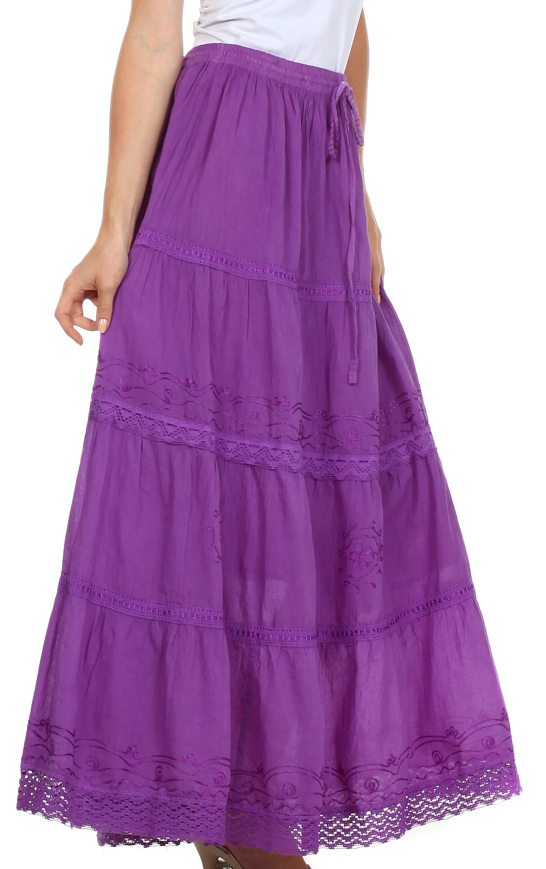 Purple long skirt with lace details on a white background
